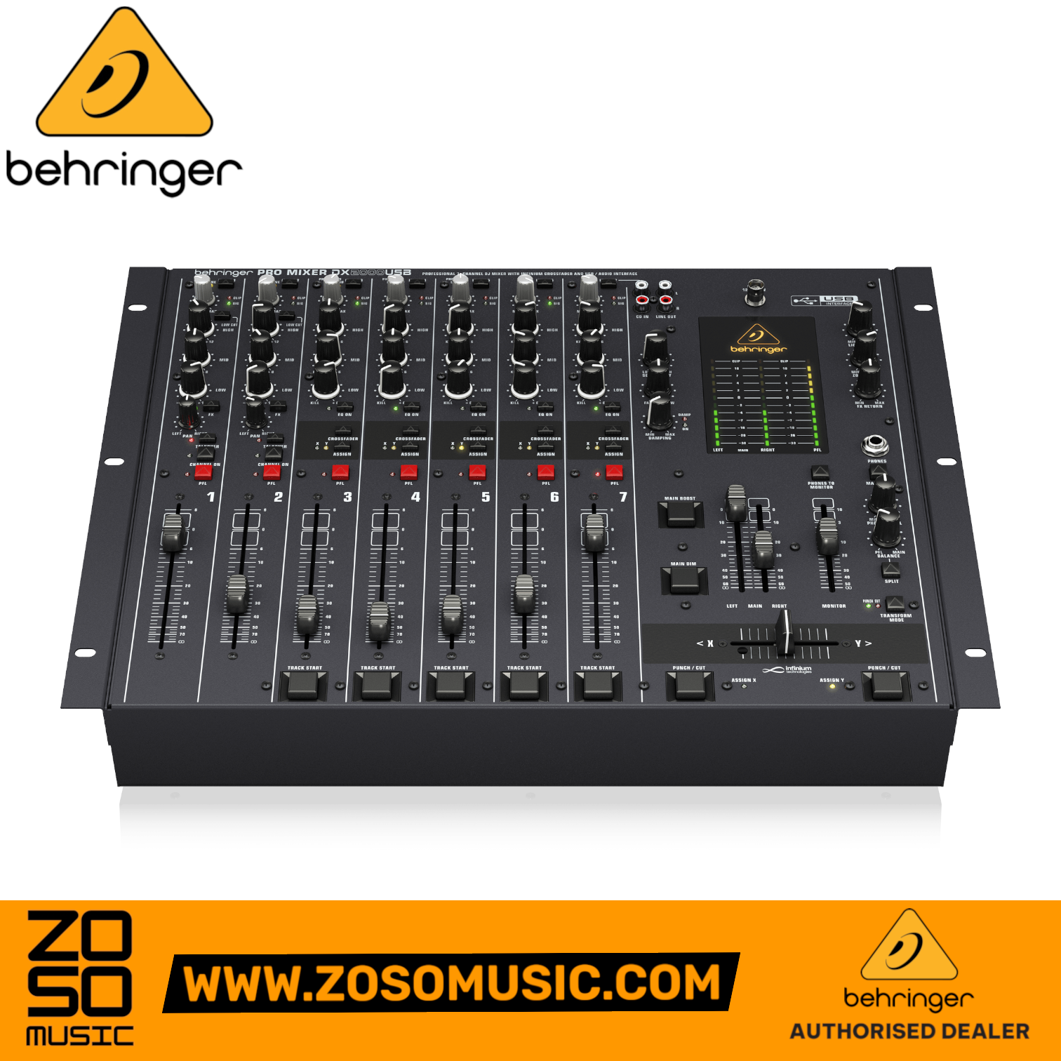 Zoso Music Behringer Pro Mixer DX2000USB 7-channel DJ mixer with USB interface, faders, and optical crossfader.