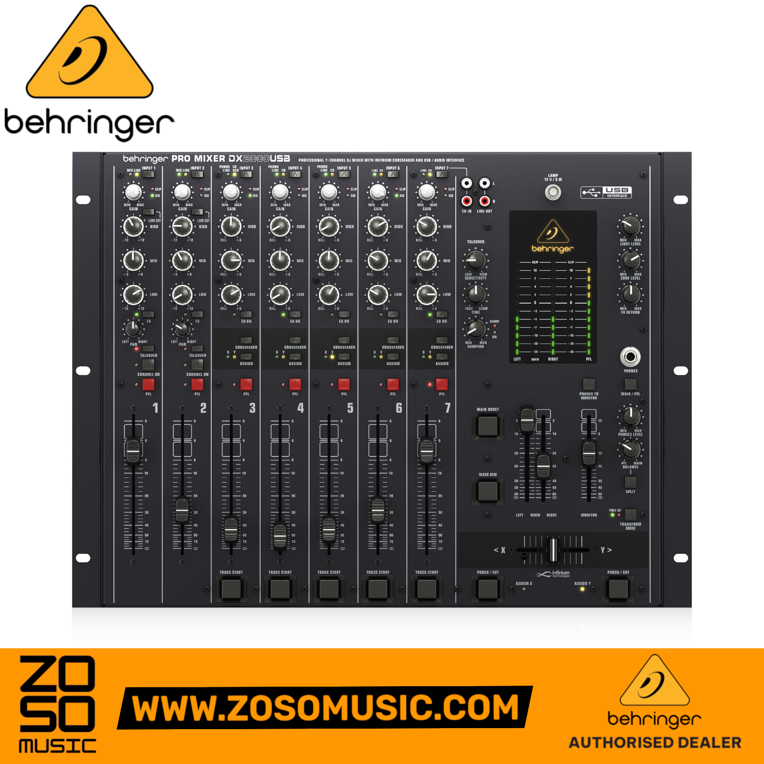 Zoso Music Behringer Pro Mixer DX2000USB 7-channel DJ mixer with USB interface, faders, and EQ controls.