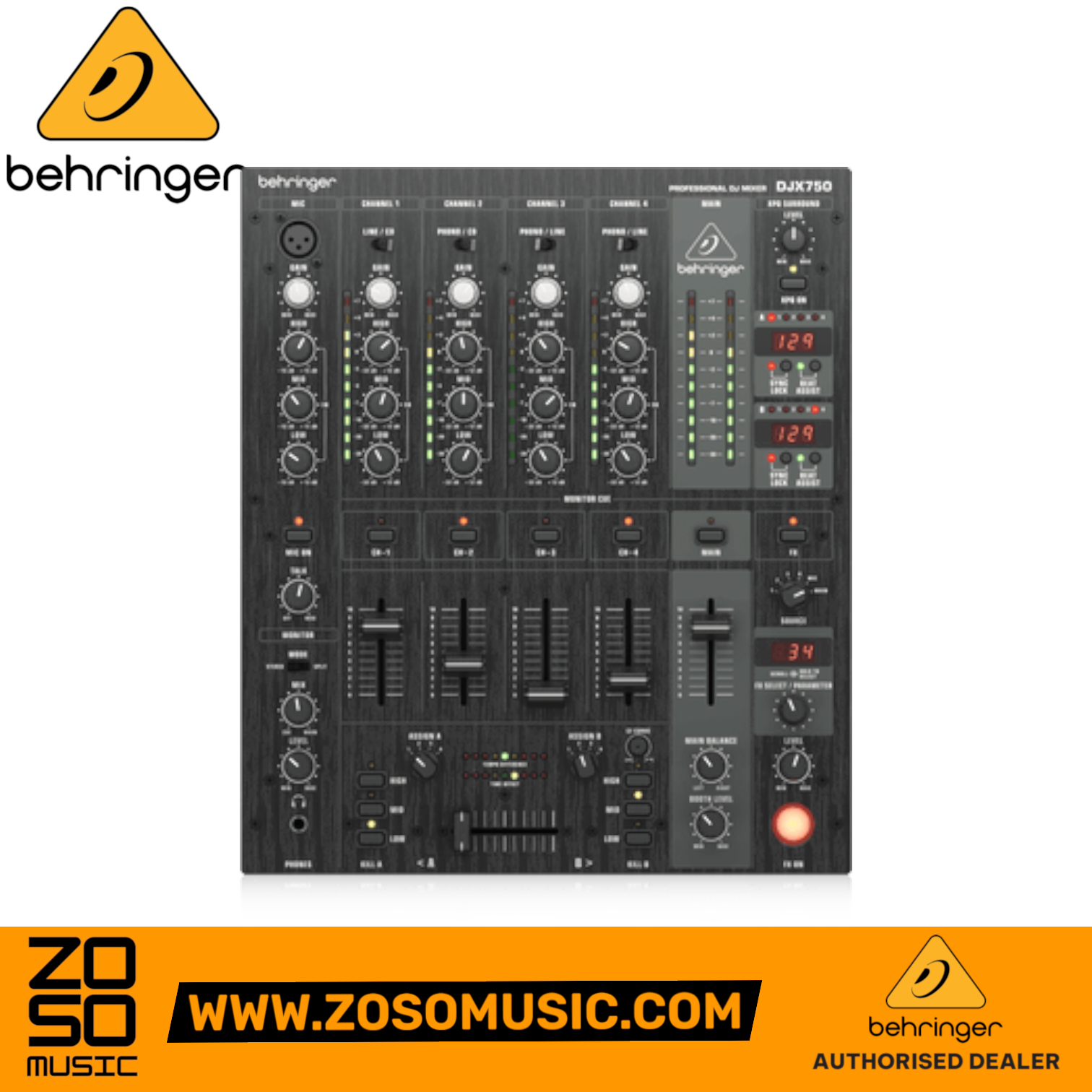 Zoso Music Behringer Pro Mixer DJX750 5-channel black DJ mixer with digital effects and BPM counters
