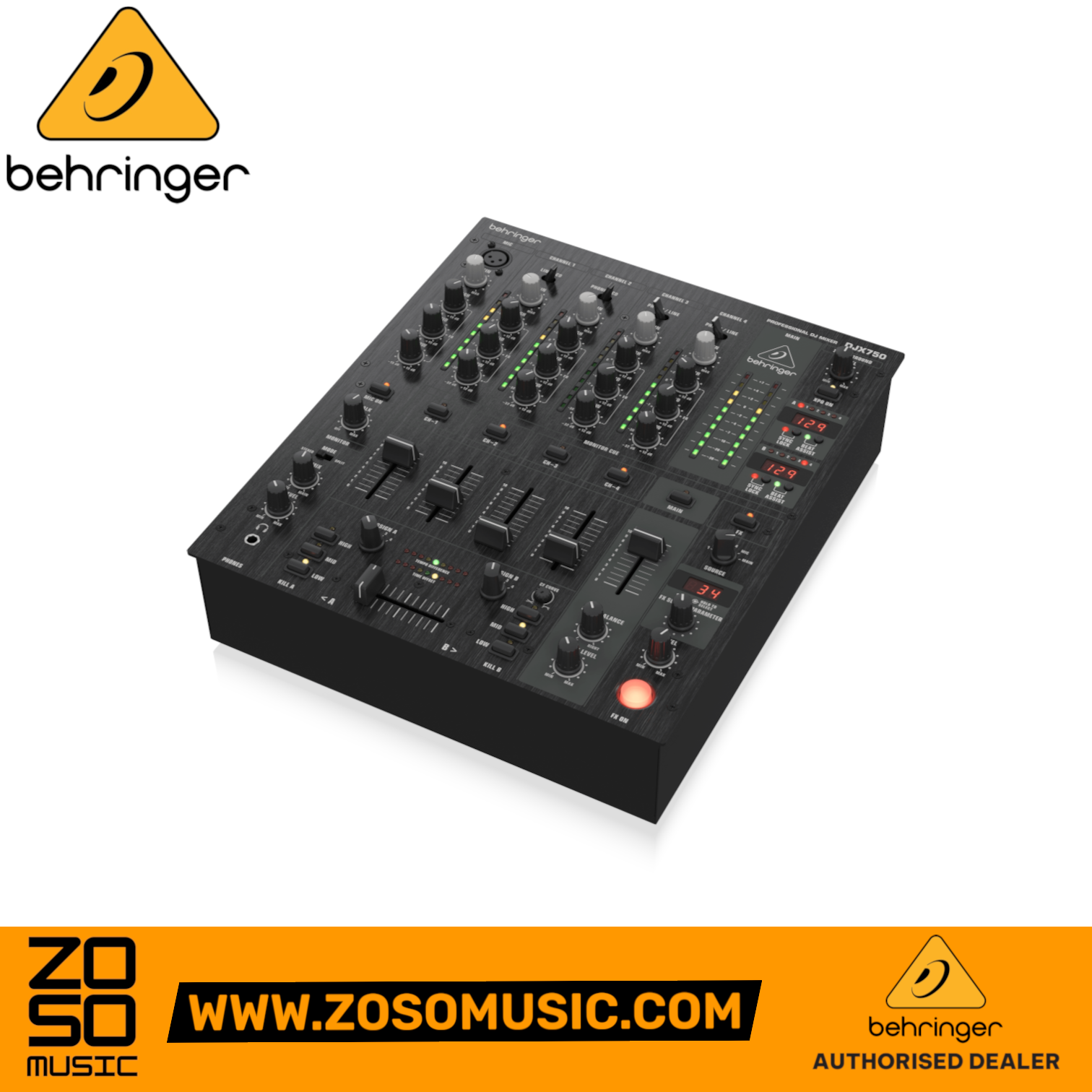 Zoso Music Behringer Pro Mixer DJX750 4-channel DJ mixer in black with digital effects and BPM counters