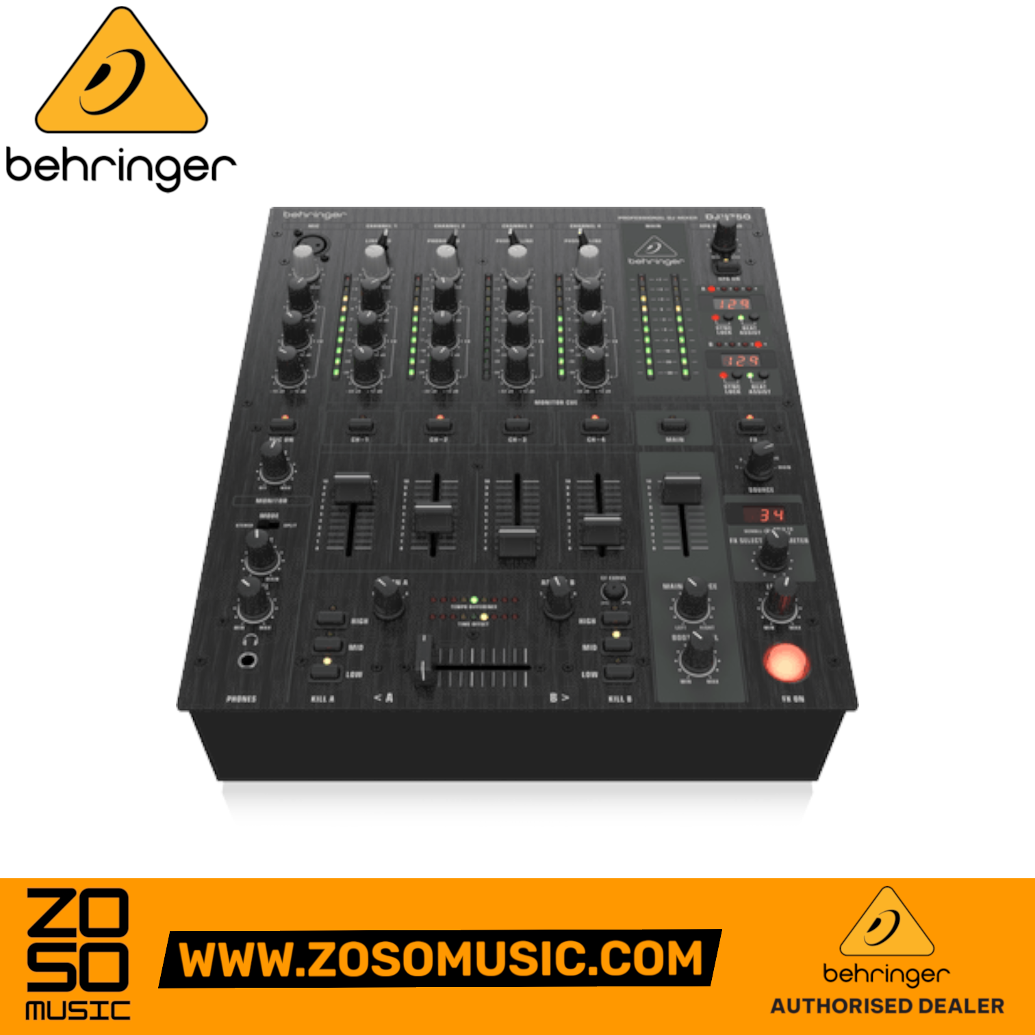 Zoso Music Behringer Pro Mixer DJX750 4-channel DJ mixer in black with digital effects and BPM counters
