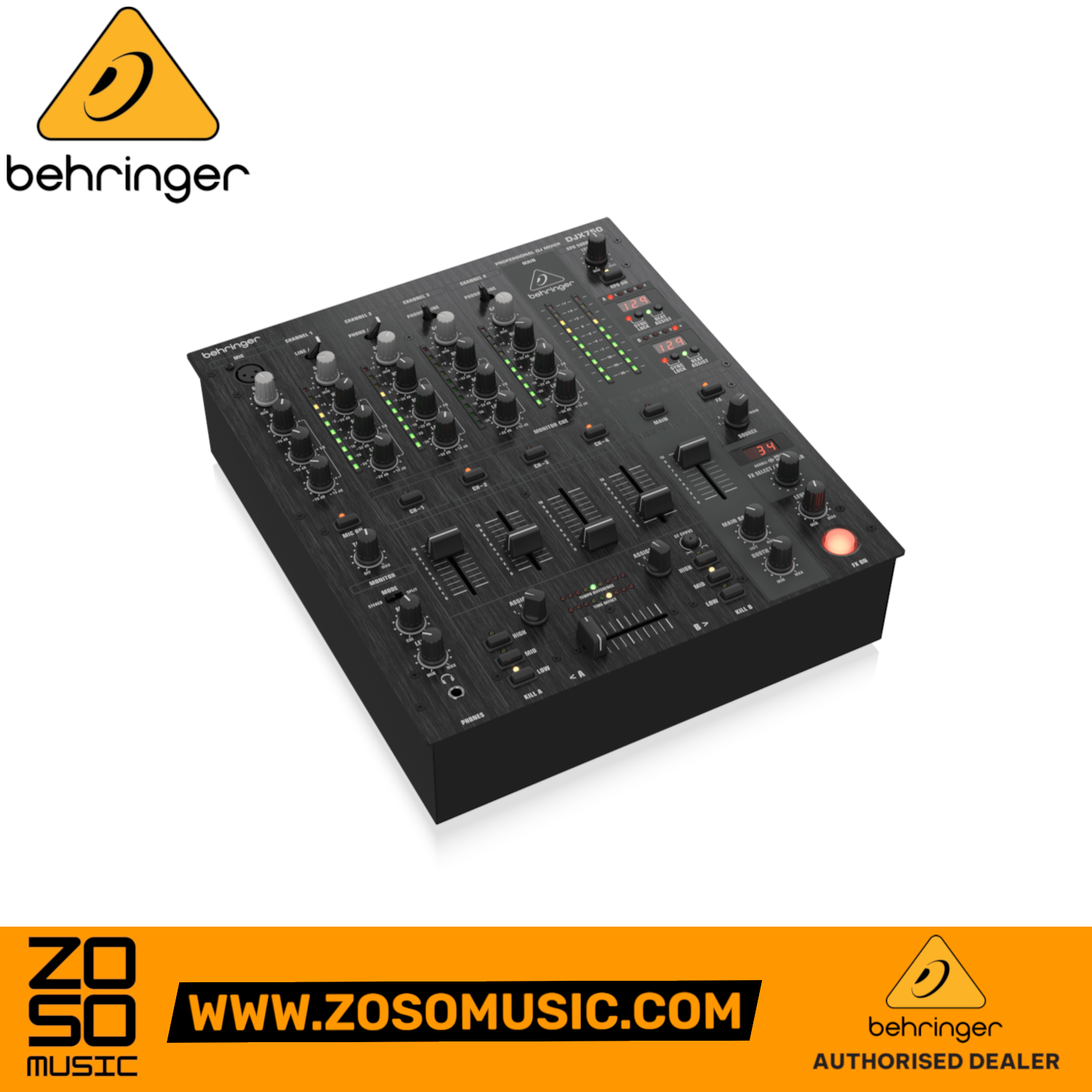 Zoso Music Behringer Pro Mixer DJX750 4-channel black DJ mixer with digital effects and BPM counters