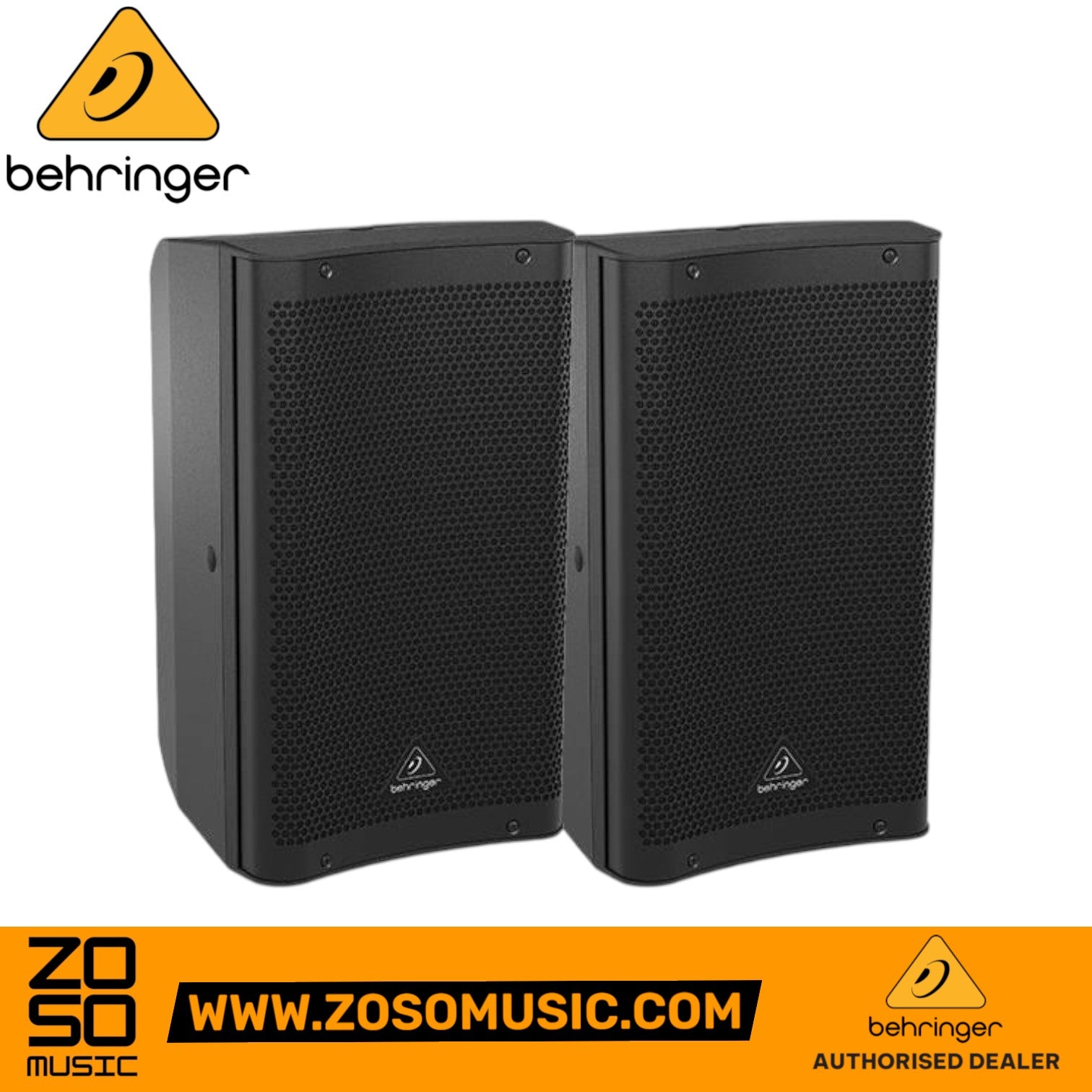 Zoso Music pair of black Behringer DR110DSP 1000W 10-inch powered PA speakers with Bluetooth connectivity