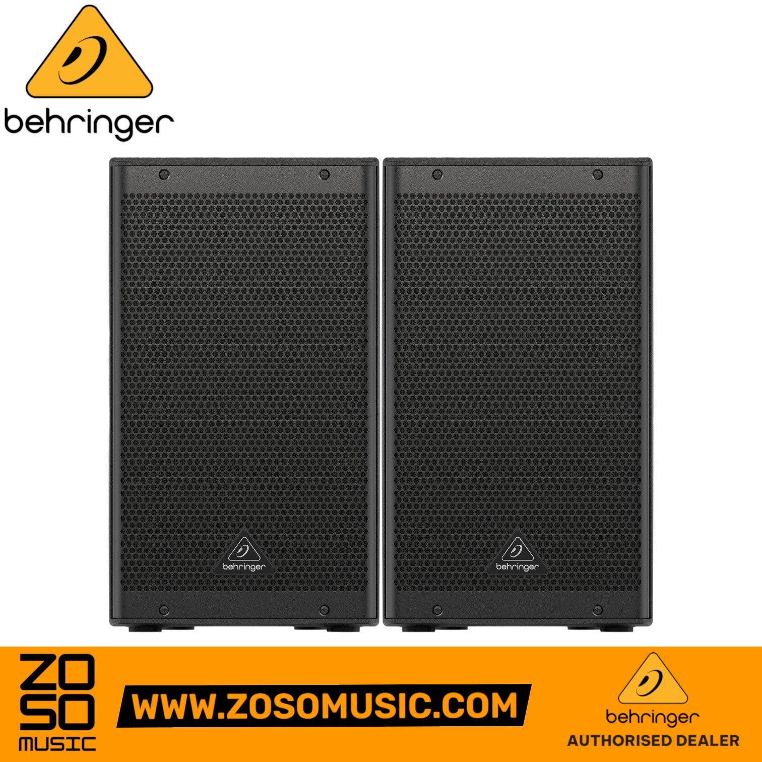Pair of black Behringer DR110DSP 1000W powered PA speakers from Zoso Music with 10-inch woofers and metal grilles.