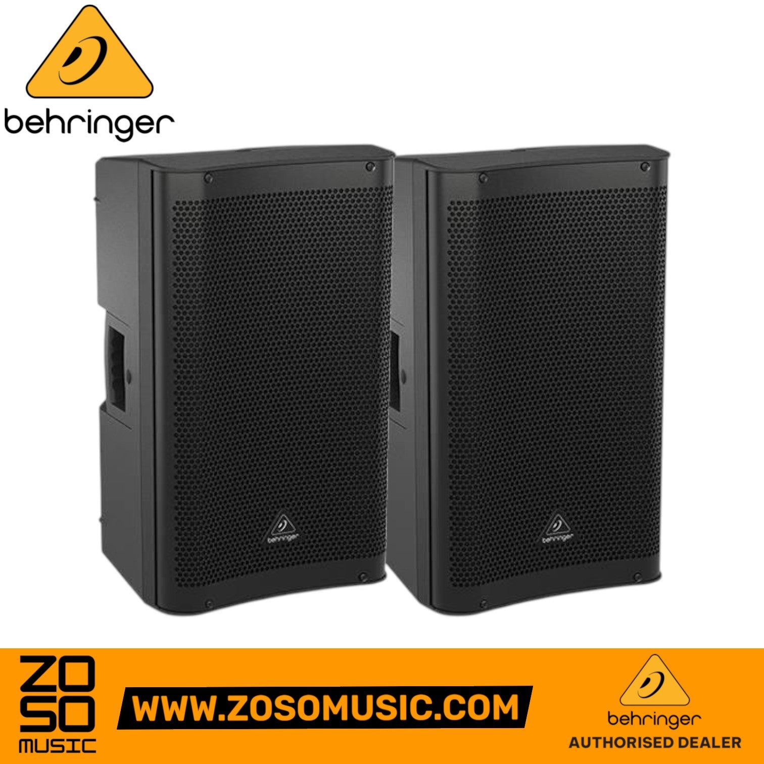 Zoso Music pair of black Behringer DR112DSP 1200W 12-inch powered PA speakers with Bluetooth connectivity