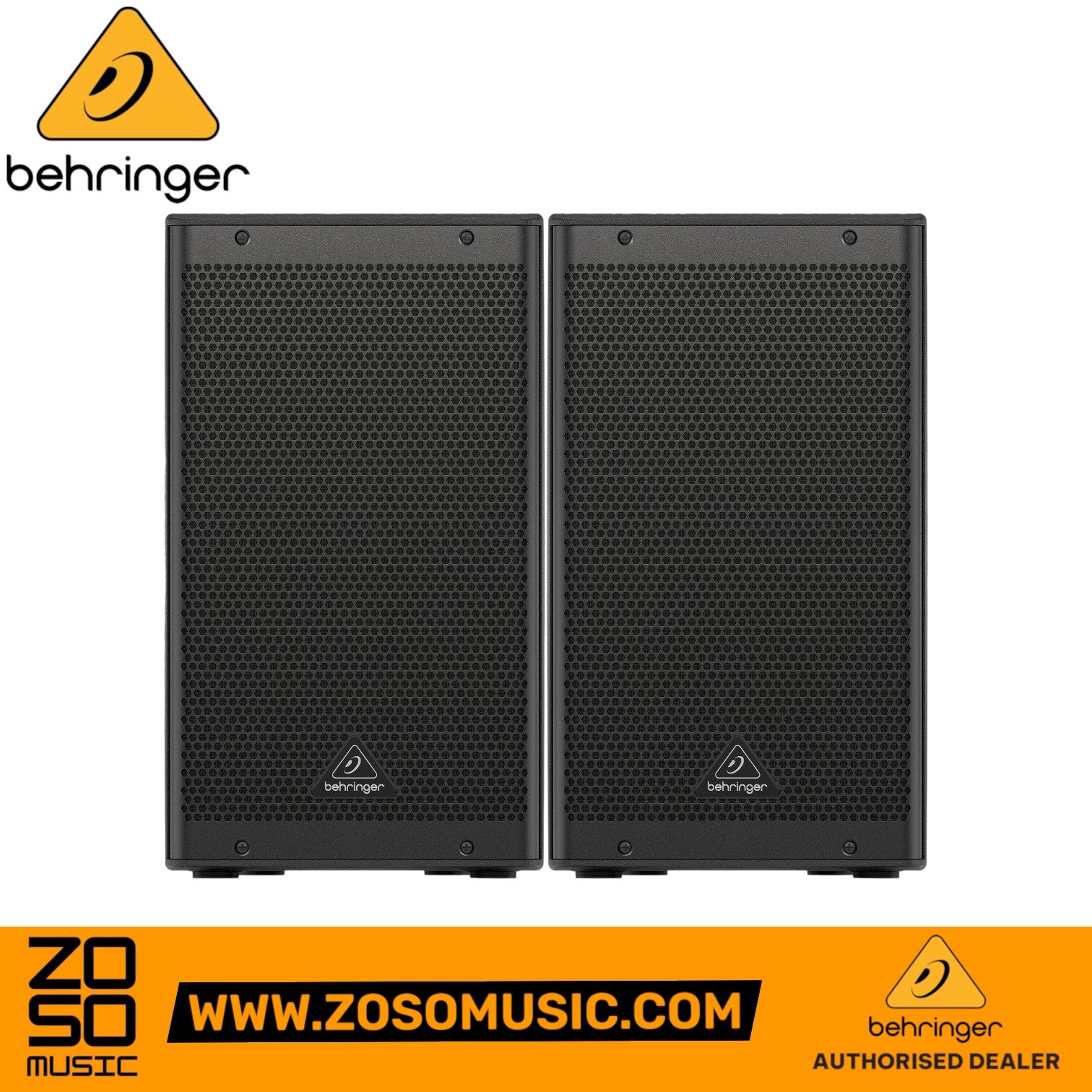 Zoso Music pair of black Behringer DR112DSP 1200W 12-inch powered PA speakers with Bluetooth connectivity