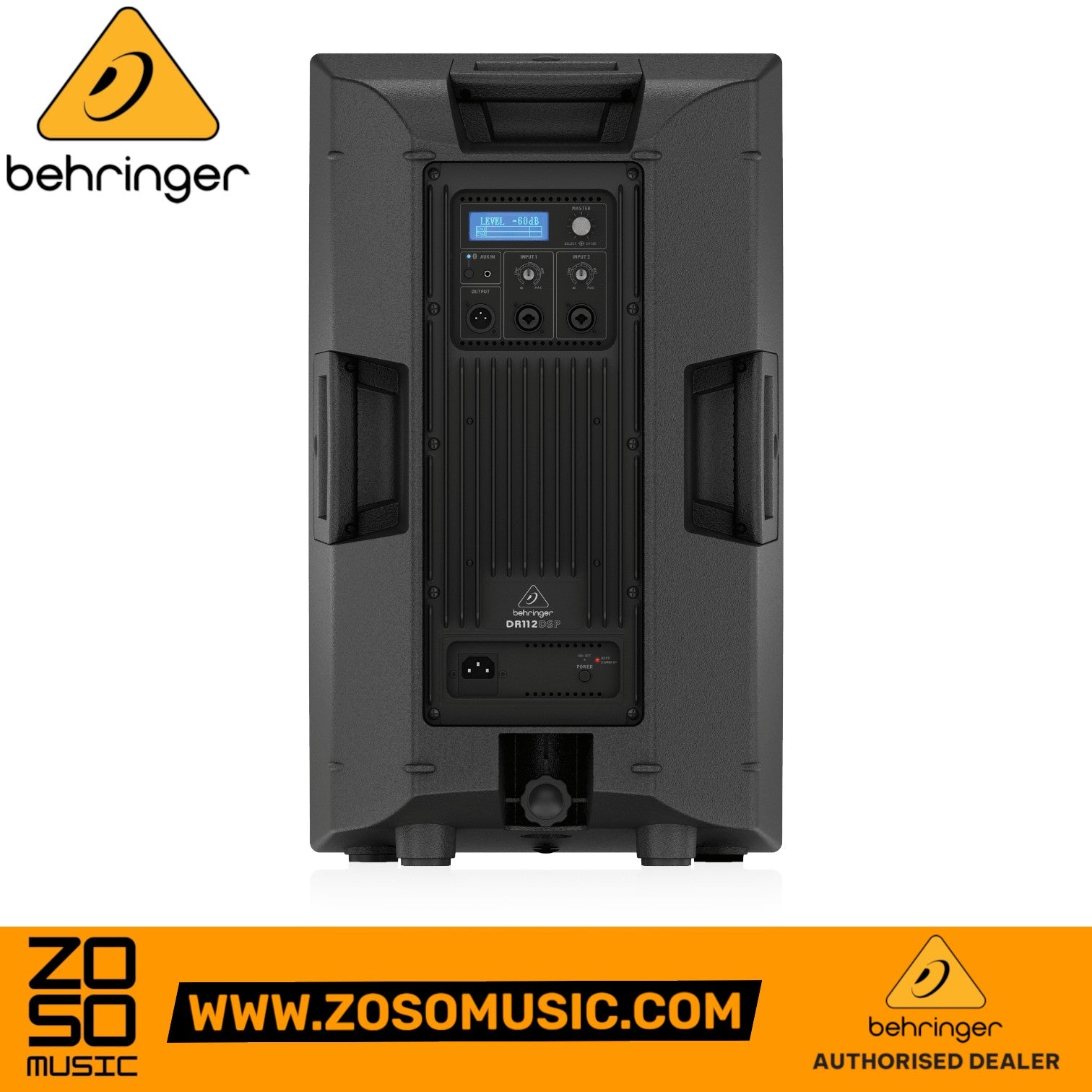 Zoso Music Behringer DR112DSP powered PA speaker rear panel view showing inputs, mixer controls, and LCD display