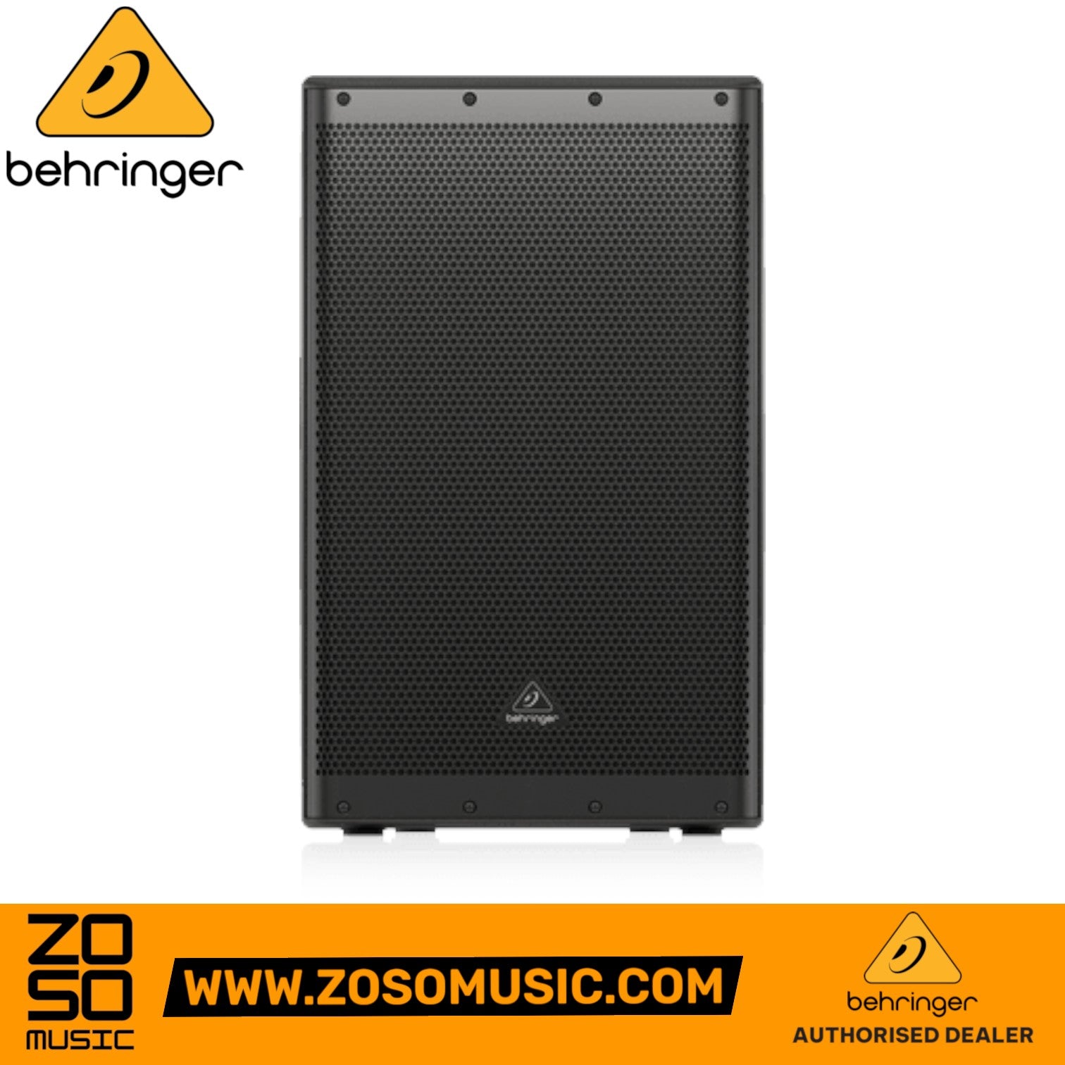 Zoso Music Behringer DR115DSP 1400W 15-inch powered PA speaker with black metal grille and DSP sound profiles.