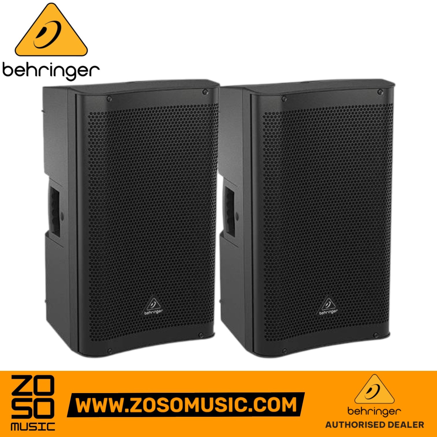 Zoso Music pair of Behringer DR115DSP 1400W 15-inch powered PA speakers with Bluetooth connectivity