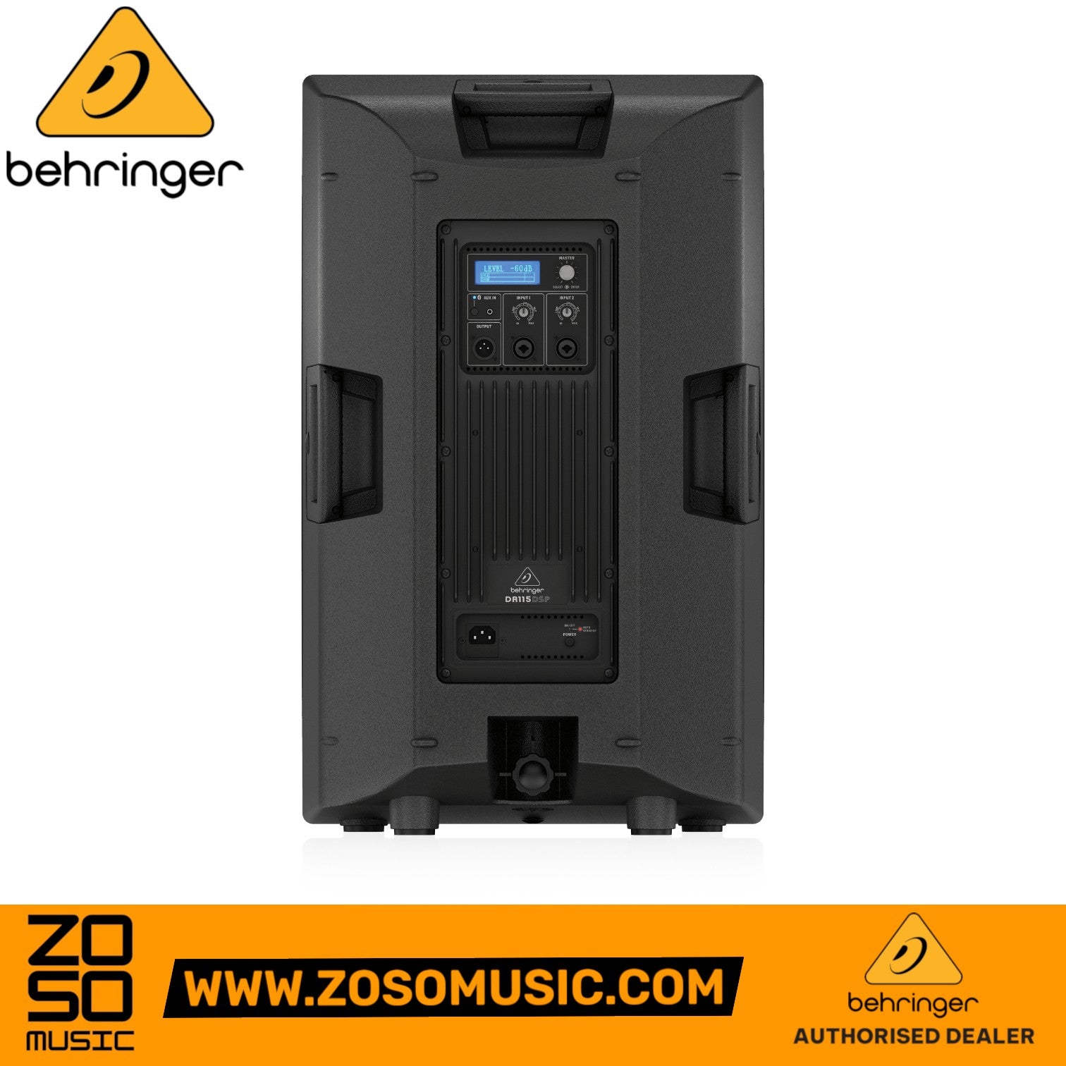Rear view of Zoso Music Behringer DR115DSP 1400W powered speaker showing the integrated 2-channel mixer and controls.