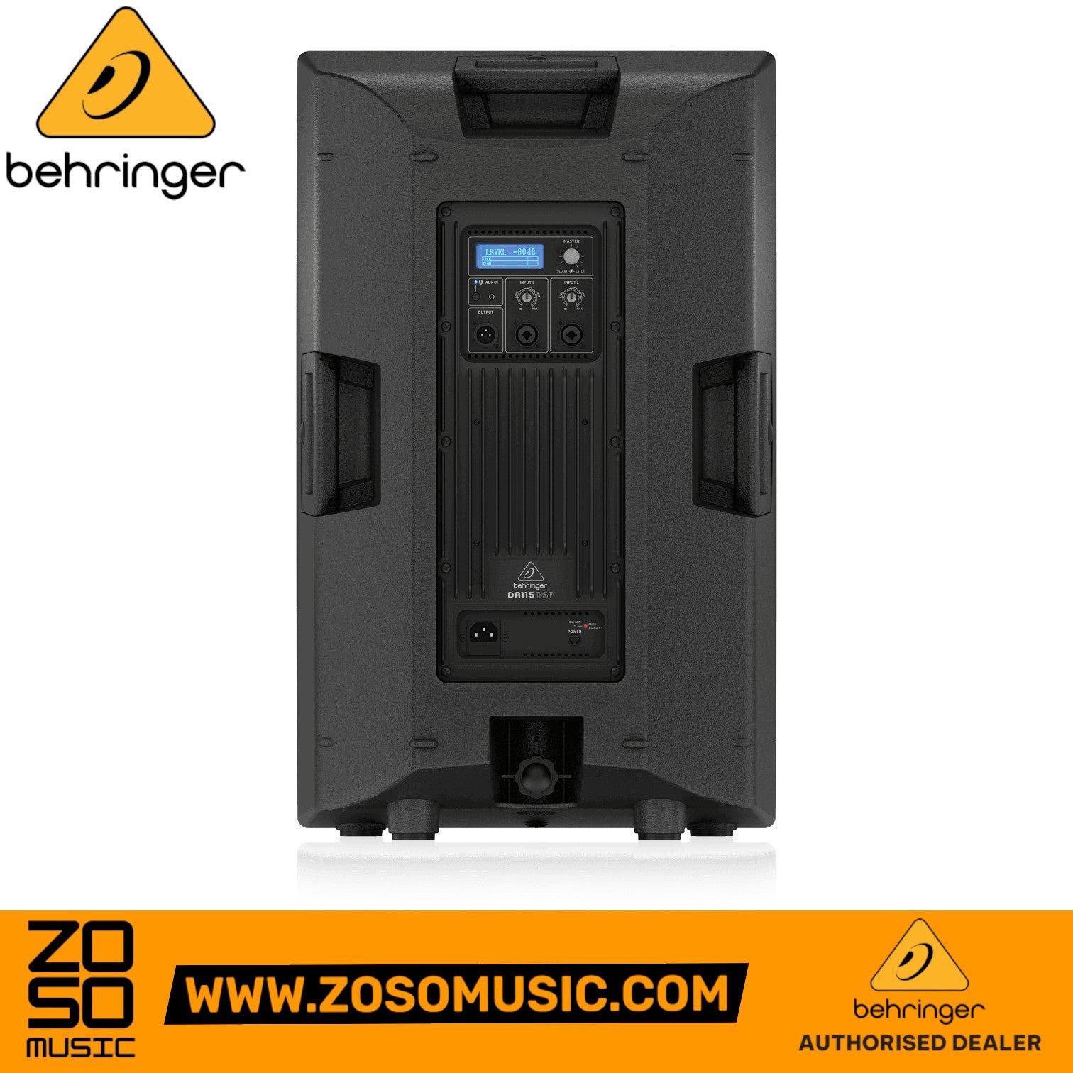 Rear view of black Behringer DR115DSP powered speaker showing inputs and controls, available at Zoso Music.