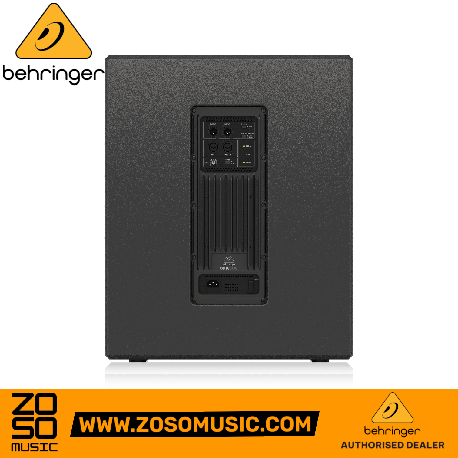 Zoso Music Behringer DR18SUB 18-inch powered subwoofer rear control panel with XLR inputs and crossover settings