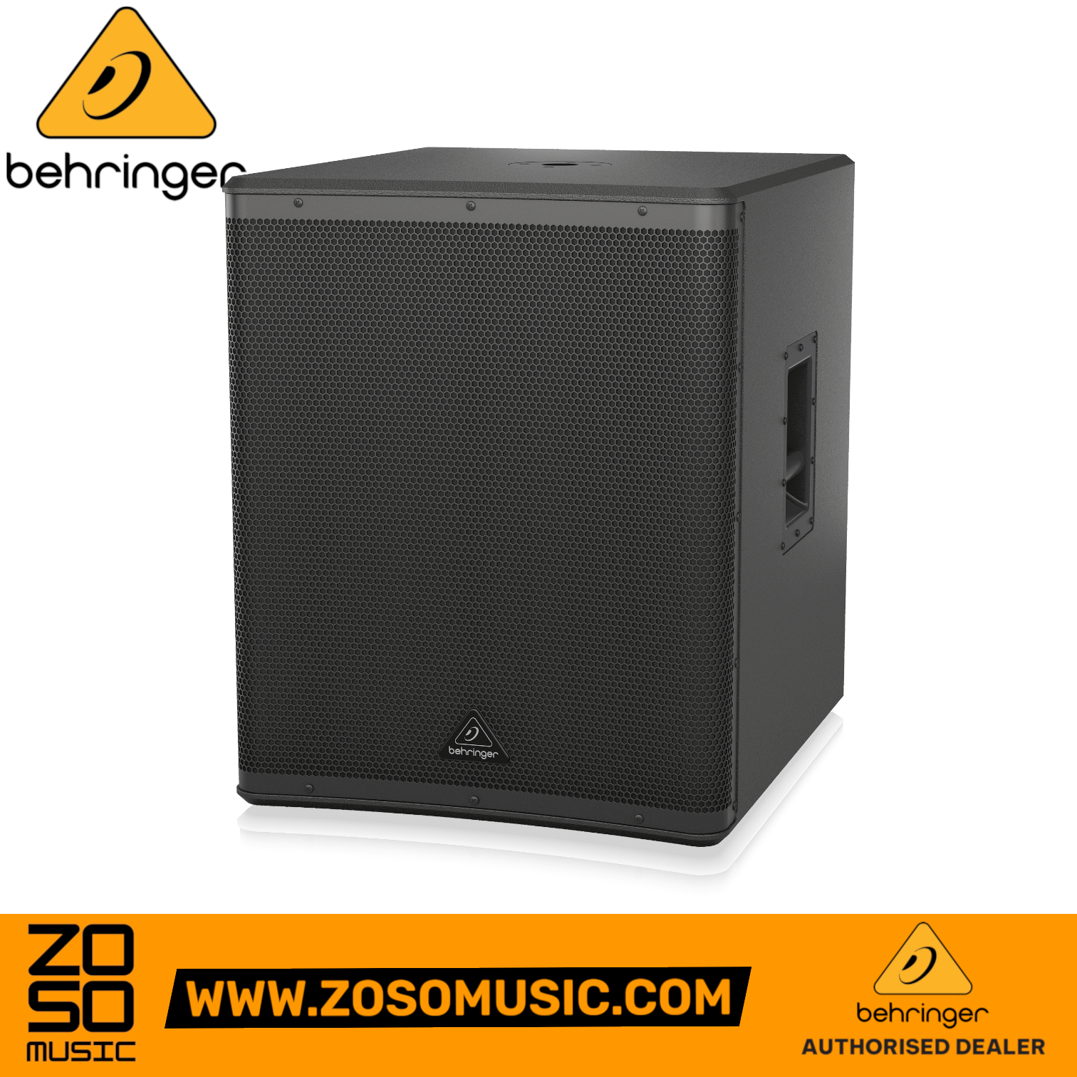 Behringer DR18SUB 18-inch powered subwoofer from Zoso Music featuring a rugged black cabinet and steel grille.