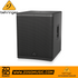 Behringer DR18SUB 18-inch powered subwoofer from Zoso Music featuring a rugged black cabinet and steel grille.
