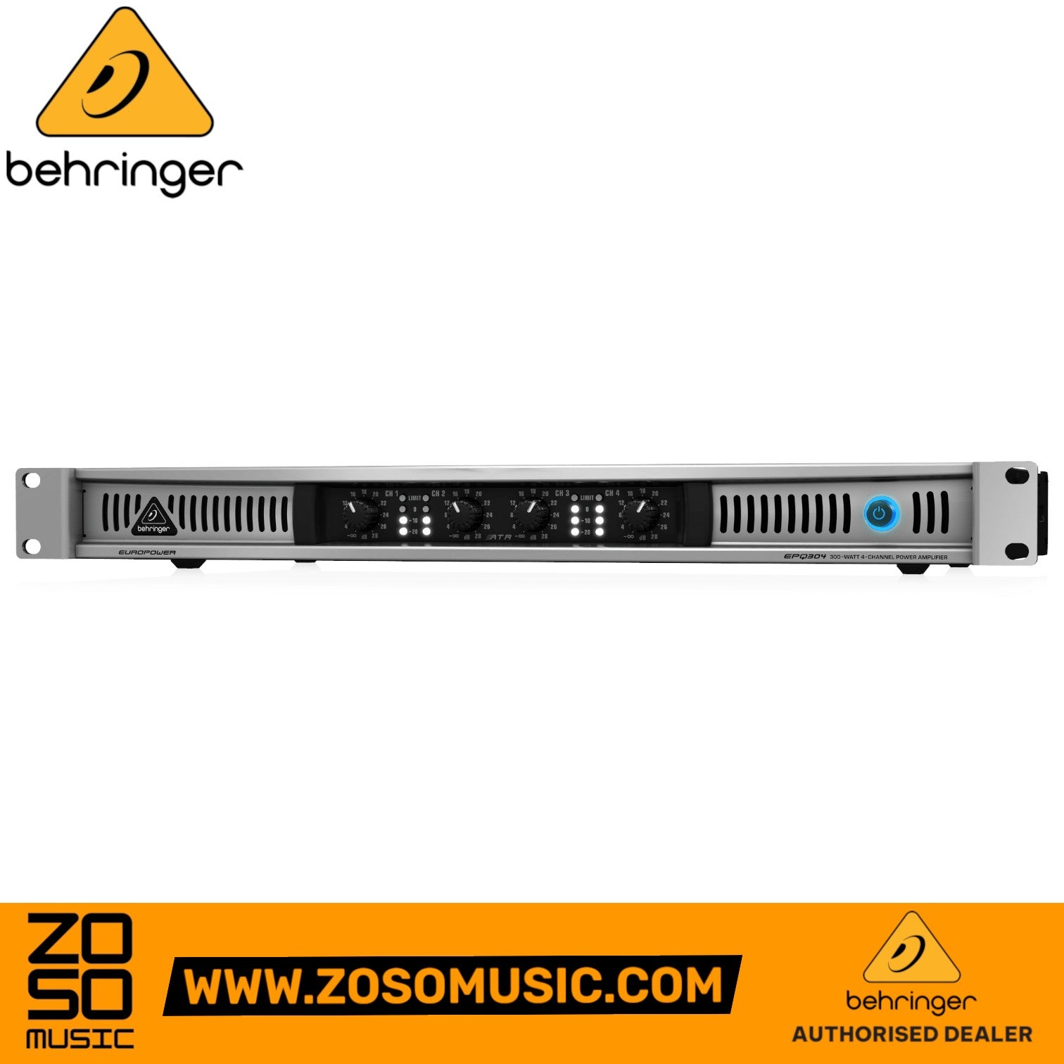 Zoso Music Behringer EPQ304 4-channel power amplifier with front panel gain controls and LED indicators