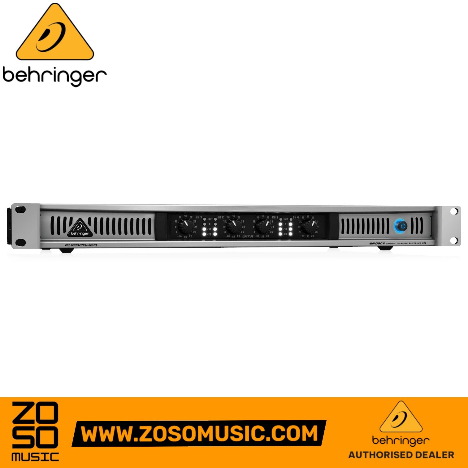 Zoso Music Behringer EPQ304 4-channel power amplifier with front panel gain controls and LED indicators in a 1U rack unit