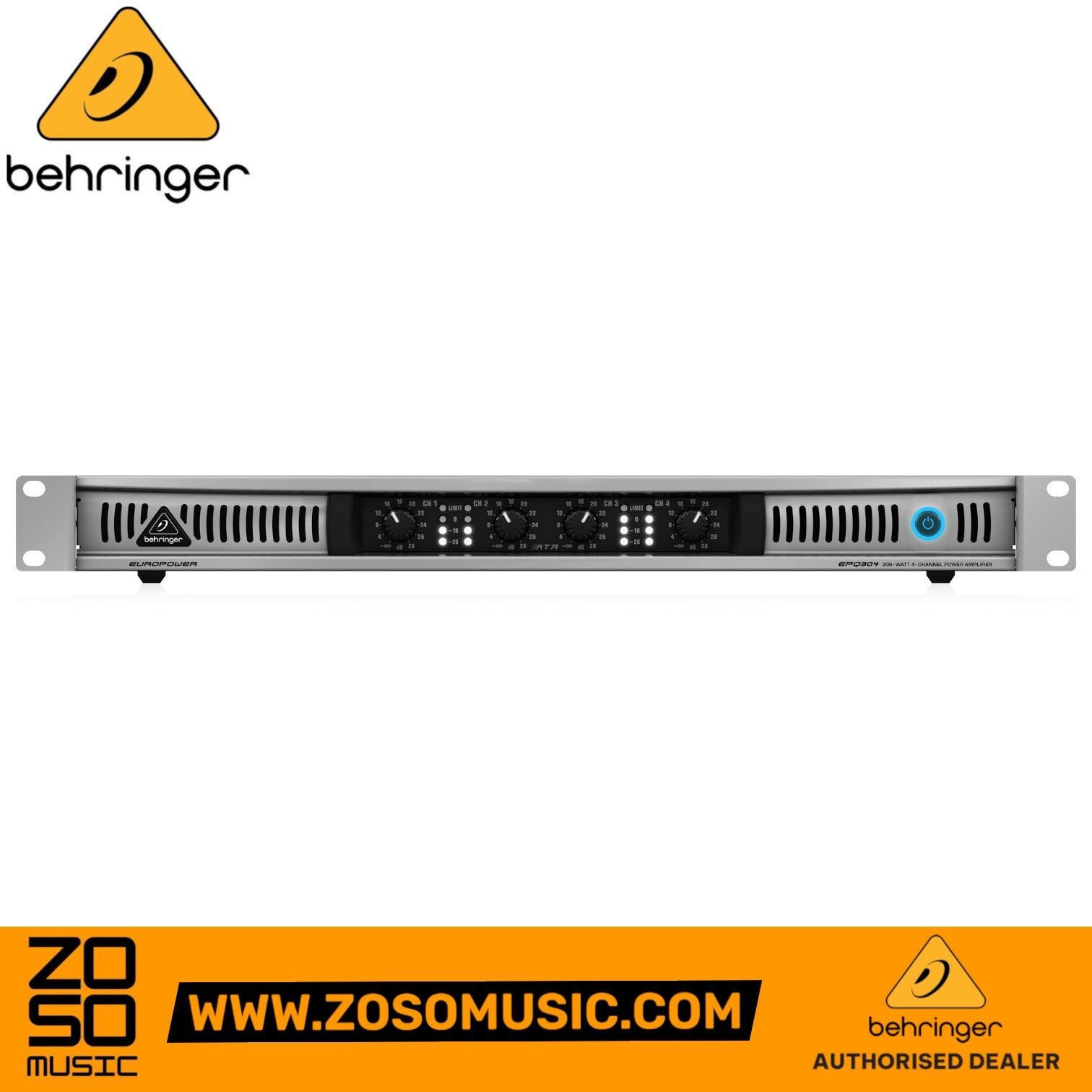 Zoso Music Behringer EPQ304 4-channel professional power amplifier with front panel gain controls and LED indicators.