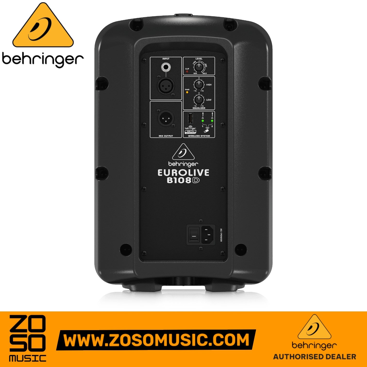 Zoso Music Behringer Eurolive B108D active PA speaker rear control panel with input, EQ, and wireless system ports