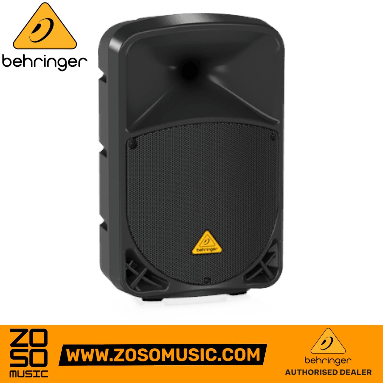Zoso Music Behringer Eurolive B110D 300-watt 10-inch active PA speaker in a black trapezoidal plastic enclosure.