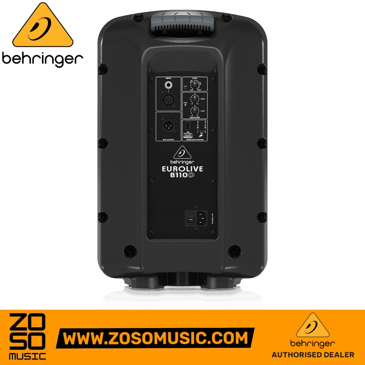 Zoso Music Behringer Eurolive B110D active PA speaker rear panel showing inputs, EQ controls, and power connection.