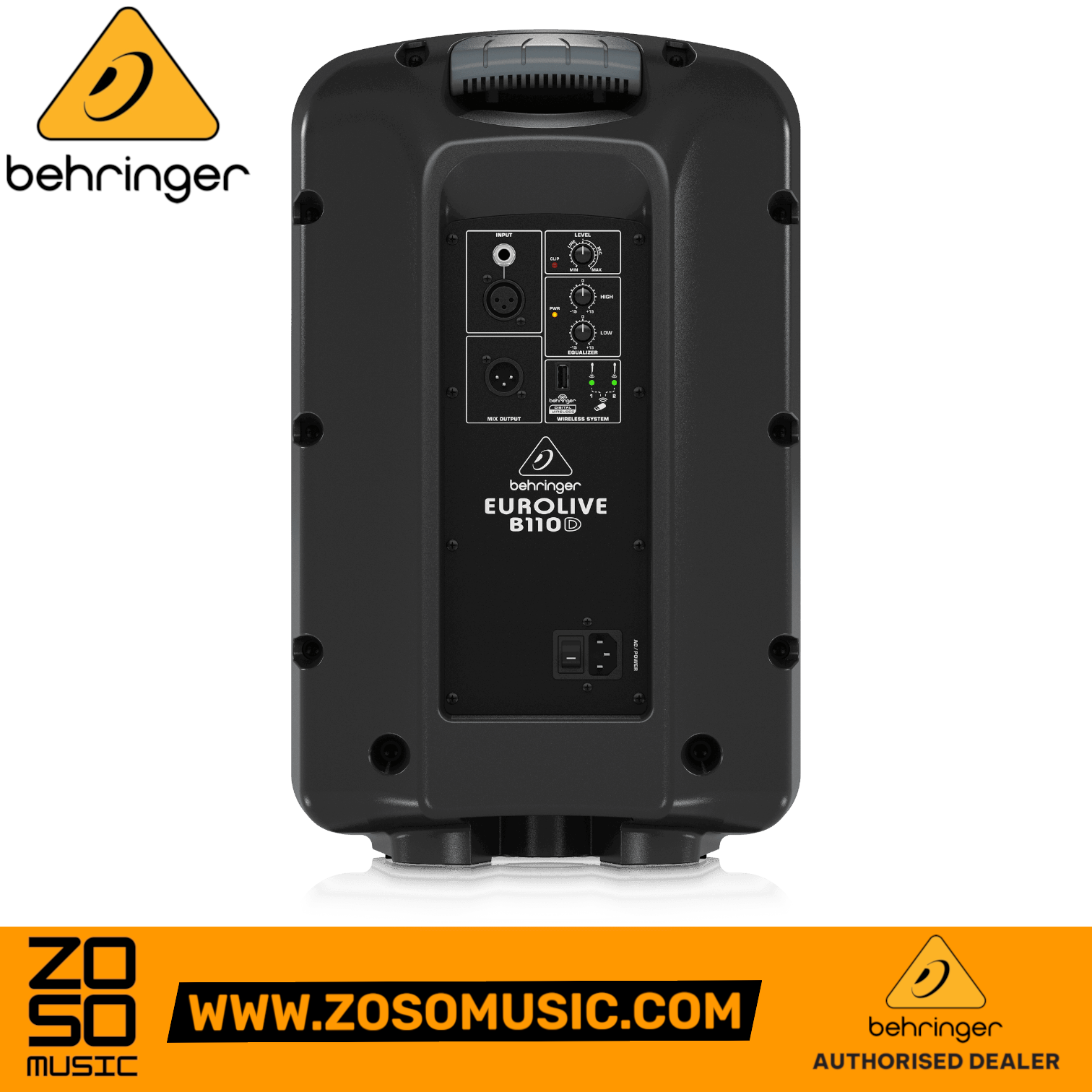 Zoso Music Behringer Eurolive B110D powered speaker rear control panel with input, output, and EQ settings