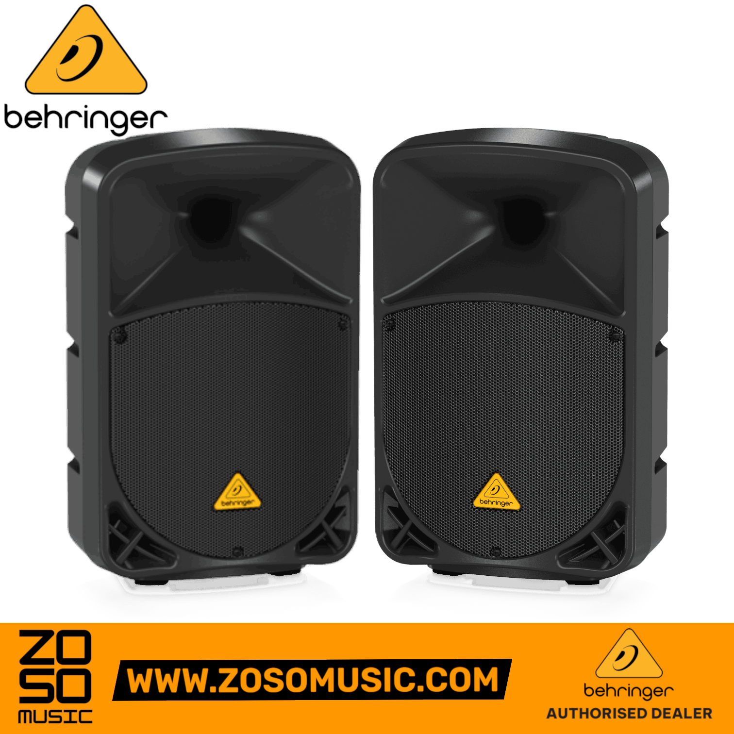 Zoso Music pair of black Behringer Eurolive B110D 300-watt 10-inch active PA speakers with trapezoidal design.