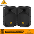 Zoso Music pair of black Behringer Eurolive B110D 300-watt 10-inch active PA speakers with trapezoidal design.