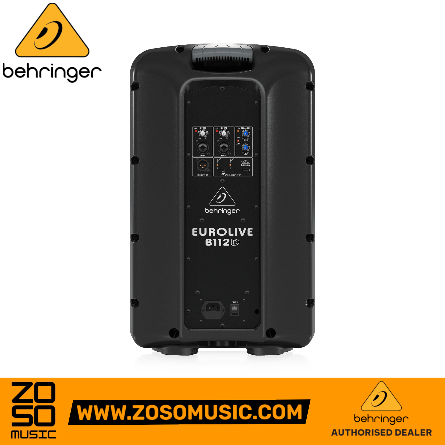 Rear panel of Zoso Music Behringer Eurolive B112D 1000-watt powered PA speaker showing inputs and EQ controls