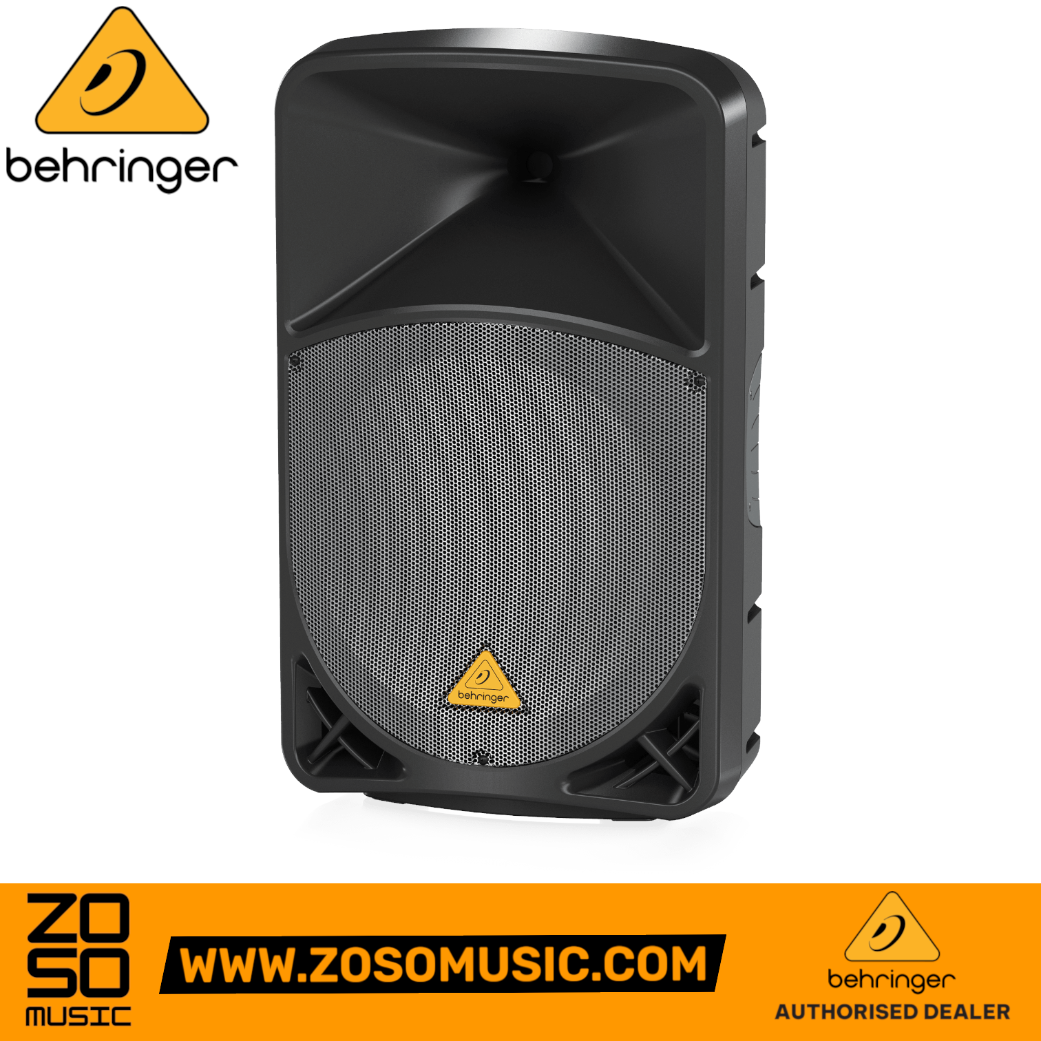 Zoso Music Behringer Eurolive B115D 1000-watt 15-inch active PA speaker with black trapezoidal enclosure and metal grille