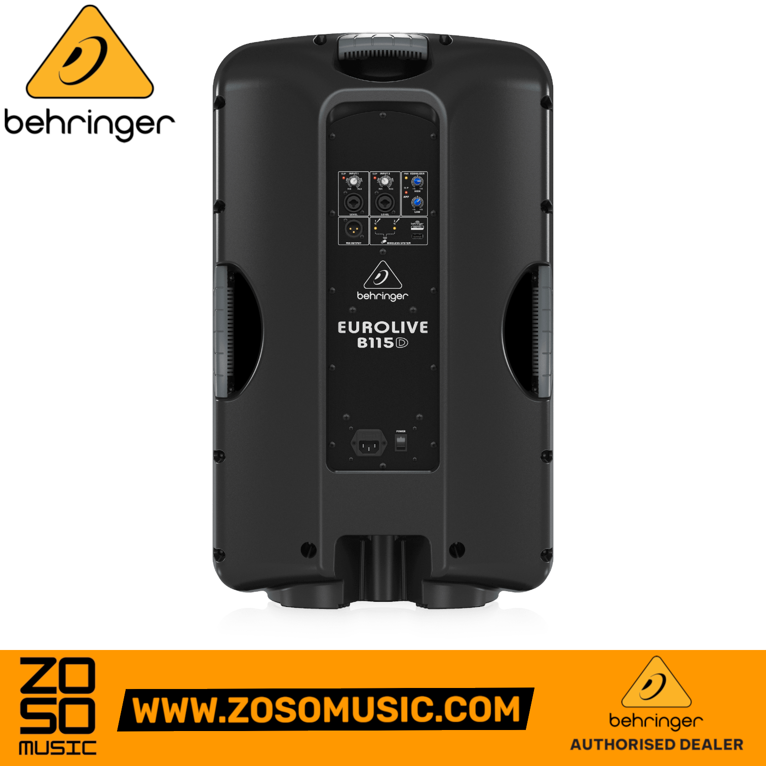 Zoso Music Behringer Eurolive B115D active PA speaker rear panel showing input controls and connectivity ports