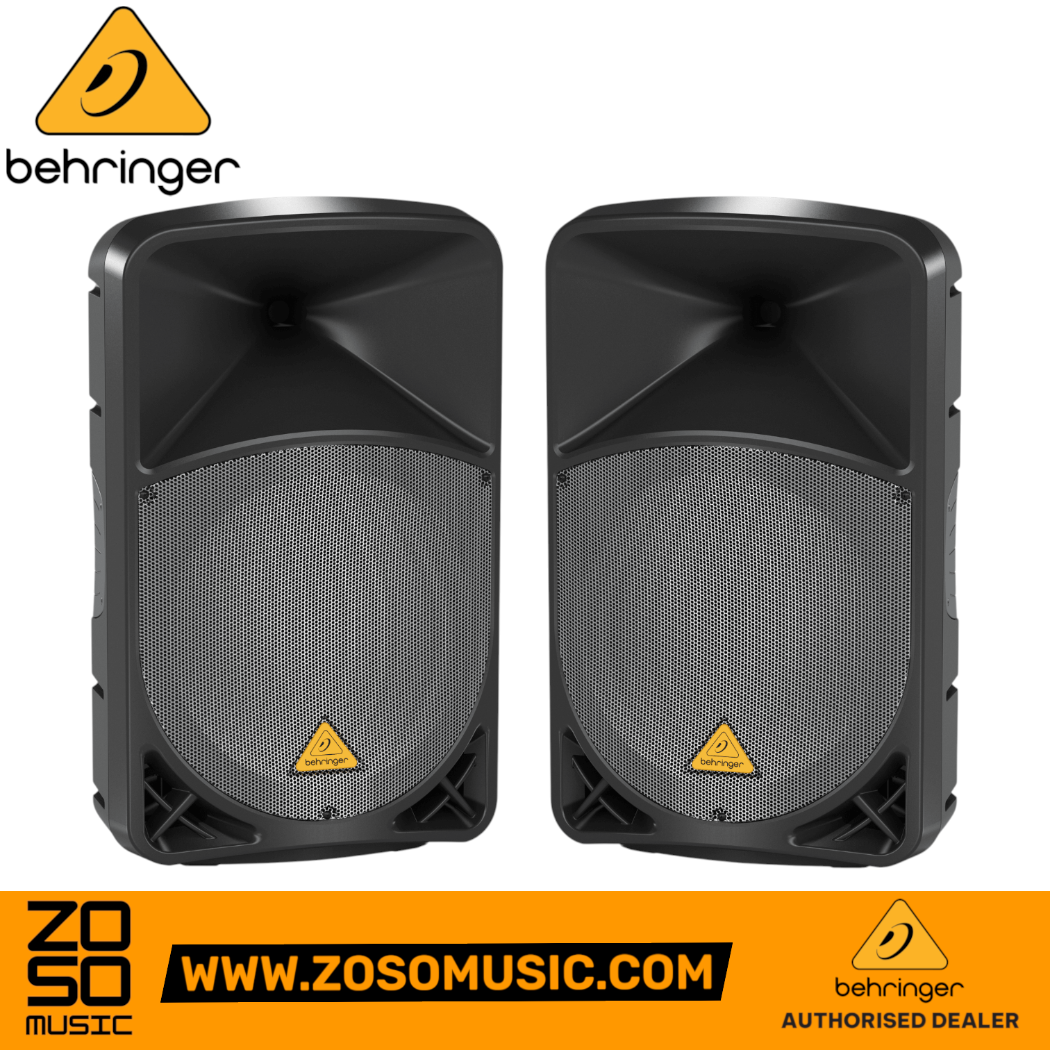 Zoso Music pair of black Behringer Eurolive B115D 1000-watt 15-inch active PA speakers with metal grilles