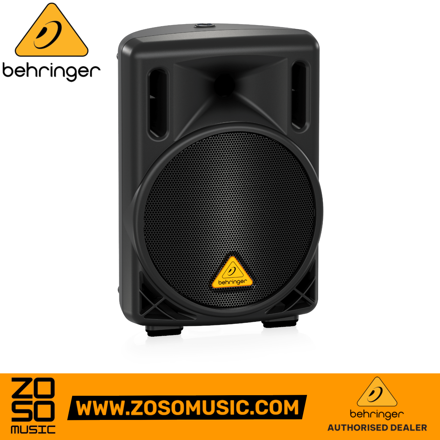Zoso Music Behringer Eurolive B208D 200W 8-inch powered PA speaker in black with a durable molded plastic enclosure.
