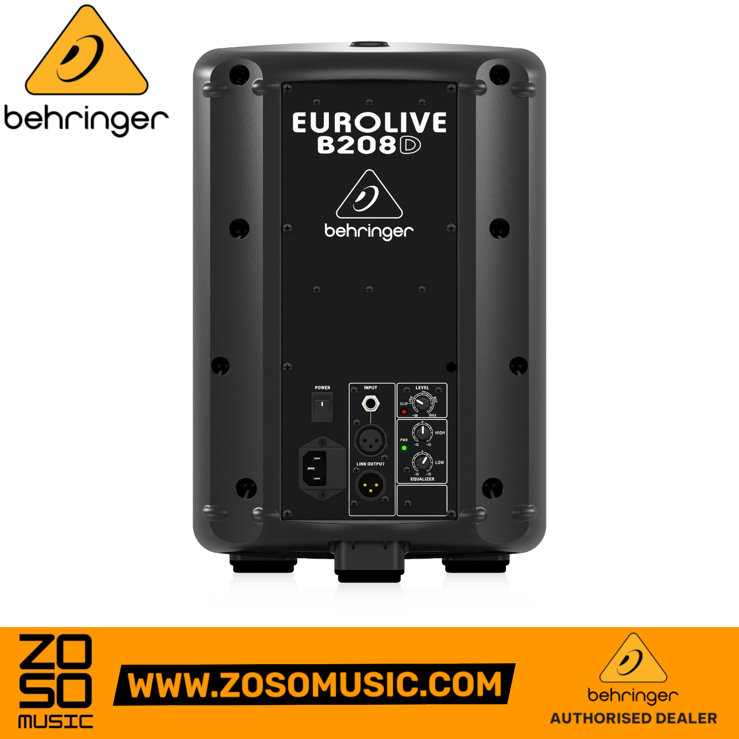 Rear view of a black Behringer Eurolive B208D 200W powered speaker showing input, output, and EQ controls at Zoso Music.