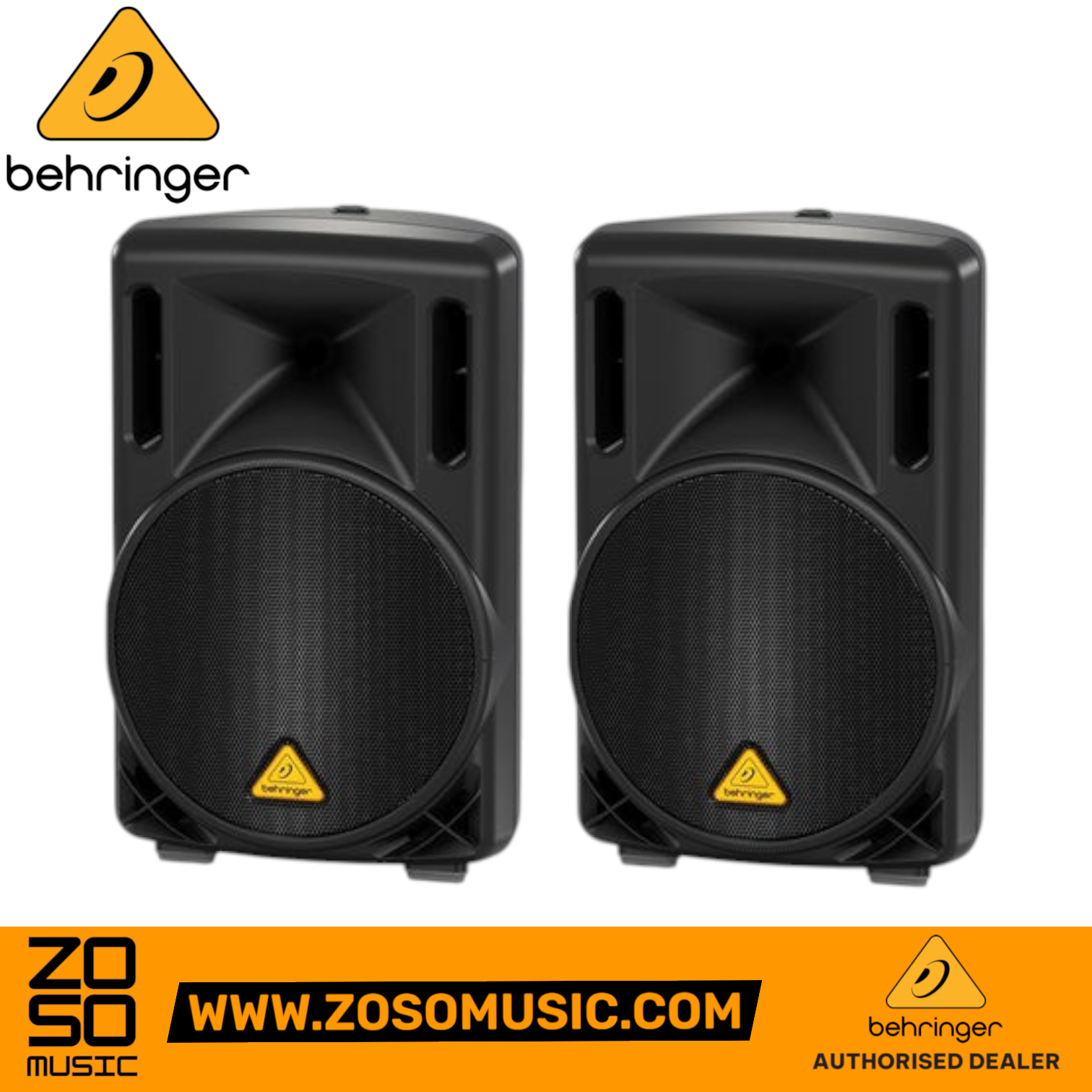 Zoso Music Behringer Eurolive B210D pair of 200W 10-inch active PA speakers in black molded plastic enclosure