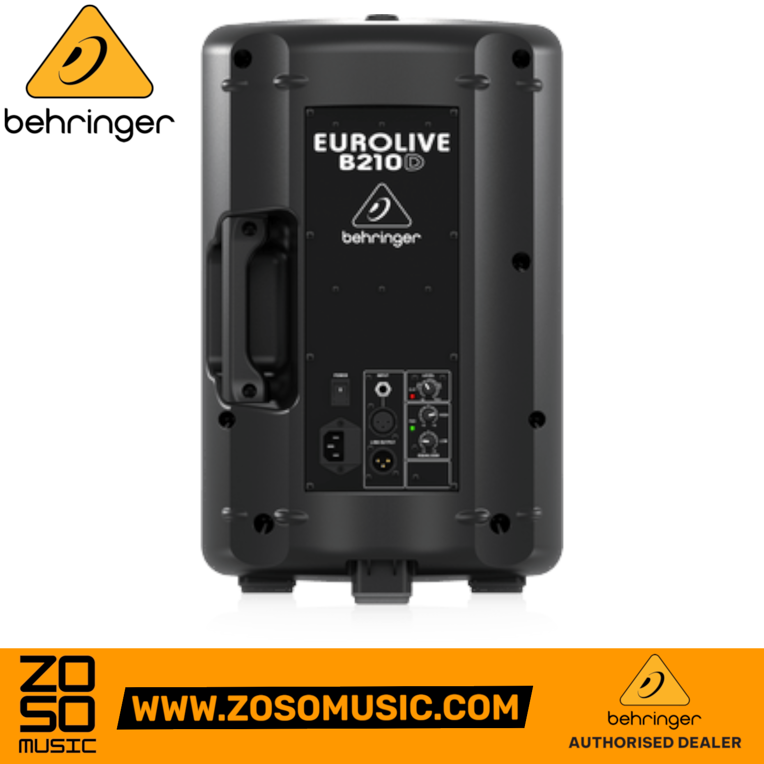 Zoso Music Behringer Eurolive B210D powered PA speaker back panel with input controls and connectivity ports