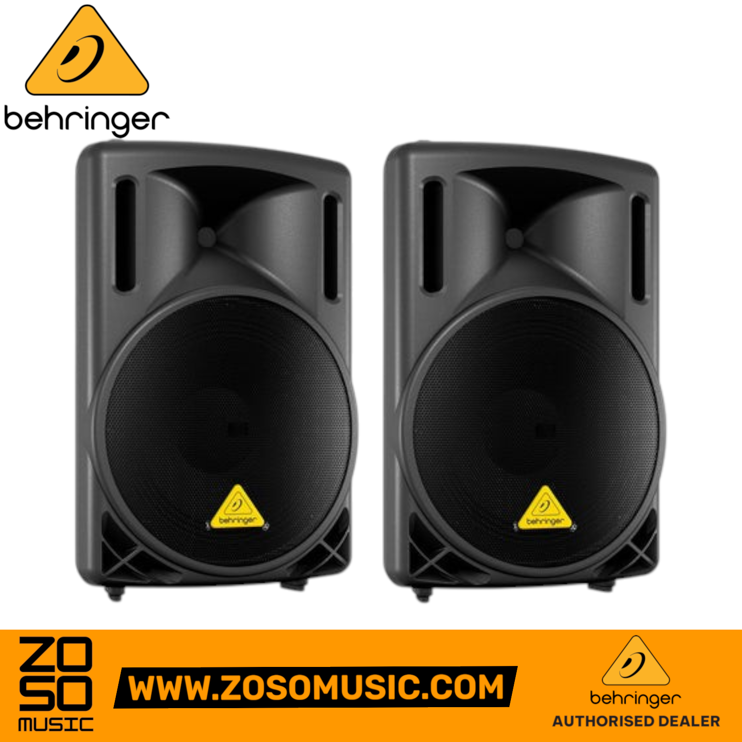 Zoso Music Behringer Eurolive B212D 550W 12-inch powered PA speakers in a black molded plastic enclosure.