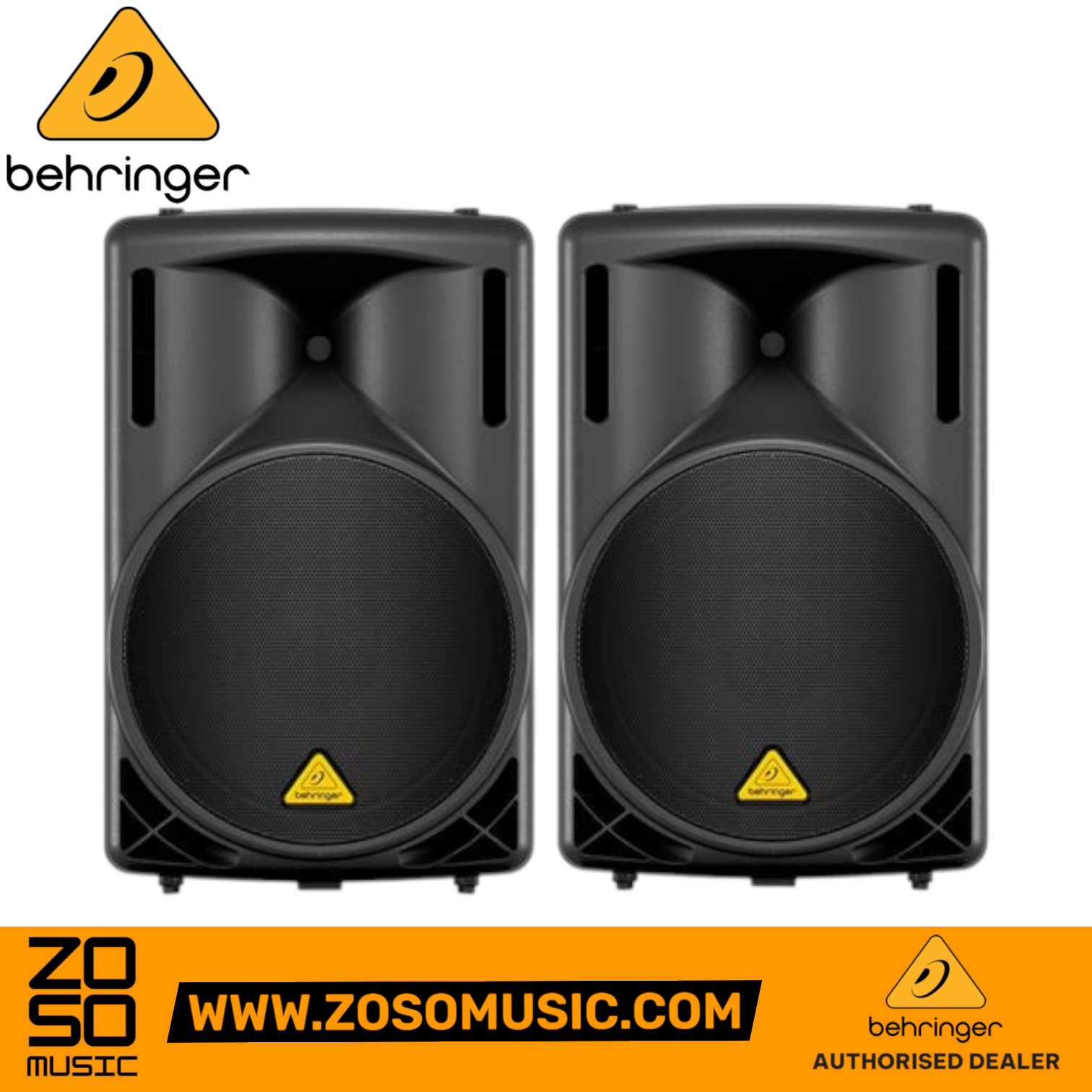 Zoso Music pair of black Behringer Eurolive B215D 550W 15-inch powered PA speakers with front grilles