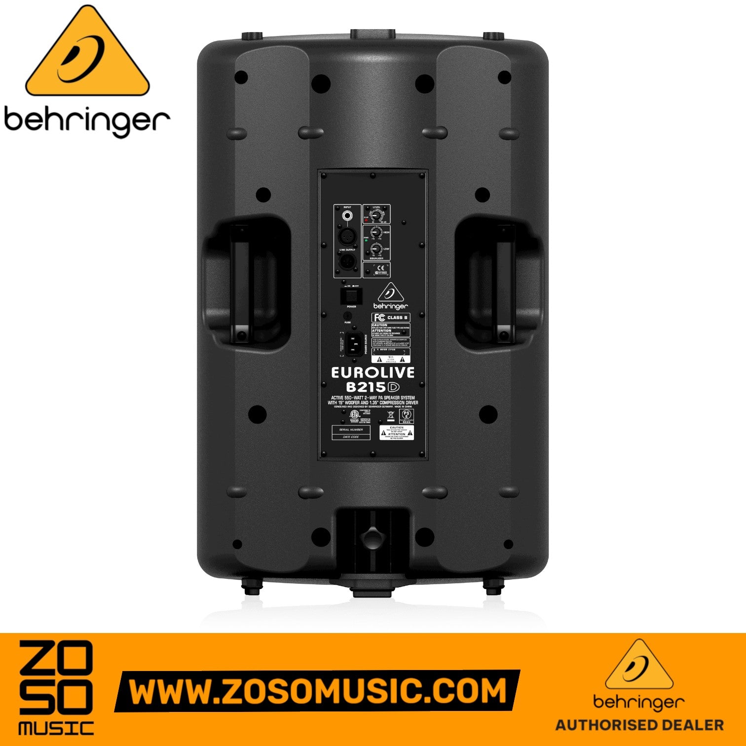 Zoso Music Behringer Eurolive B215D active PA speaker rear panel showing inputs, controls, and connectivity ports.