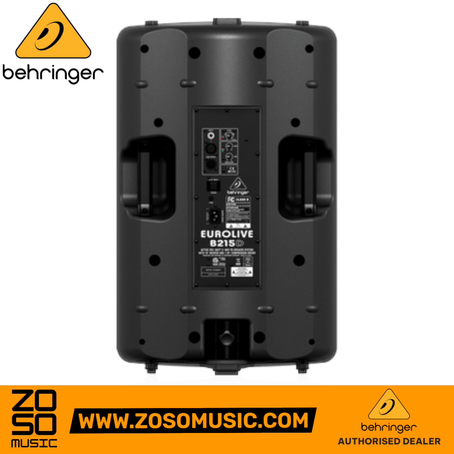 Rear view of the Zoso Music Behringer Eurolive B215D 550W powered speaker showing input controls and handle design.