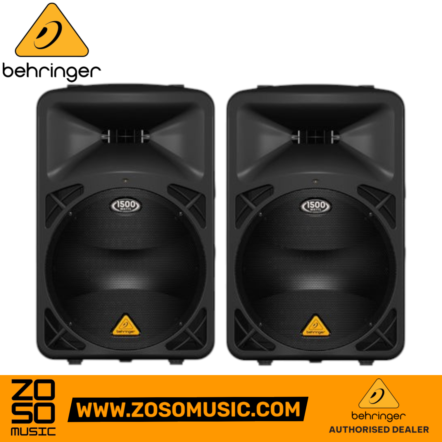 Zoso Music Behringer Eurolive B615D 1500W 15-inch powered PA speakers in a black molded plastic enclosure pair