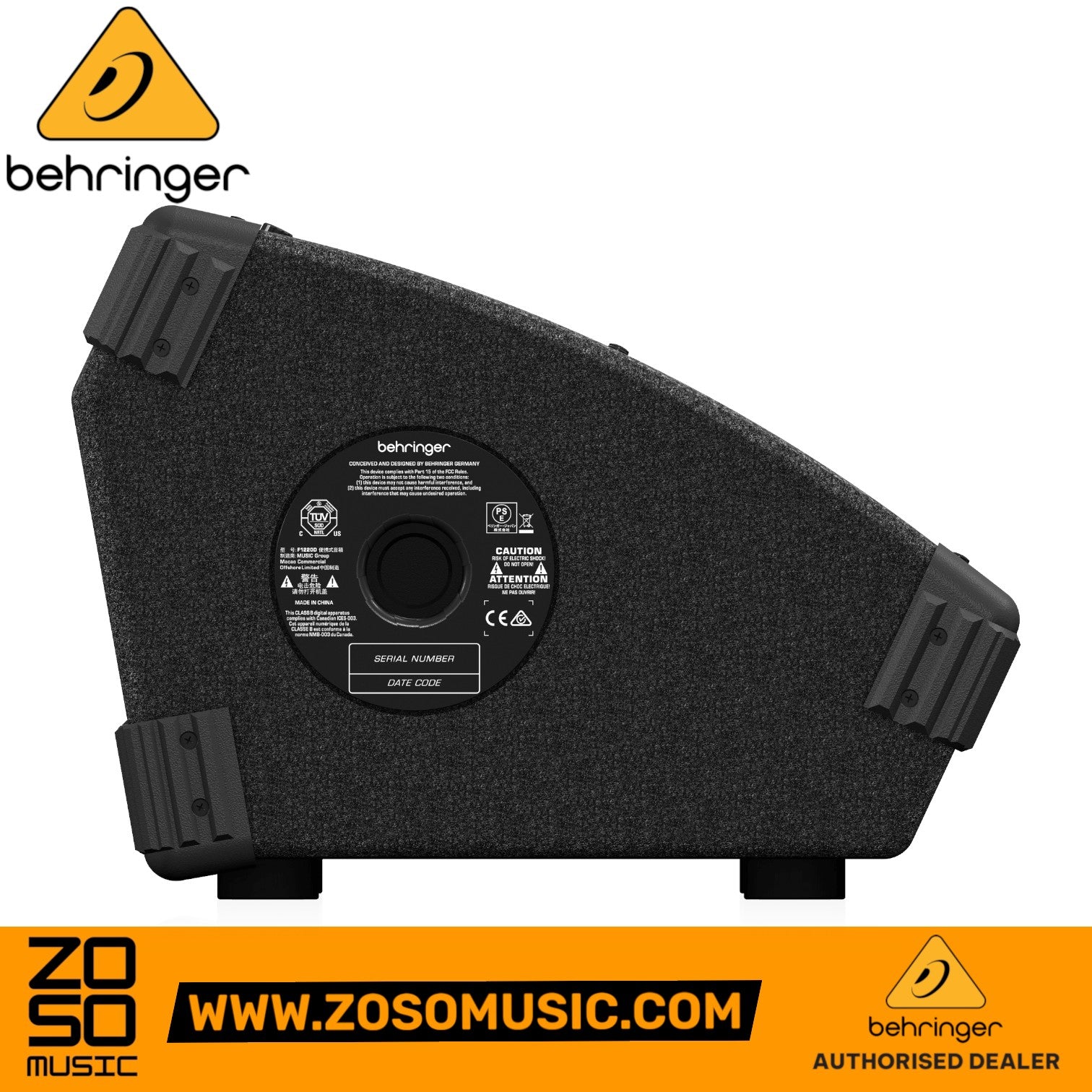 Zoso Music Behringer Eurolive F1220D powered monitor speaker side view showing the black wood enclosure and label