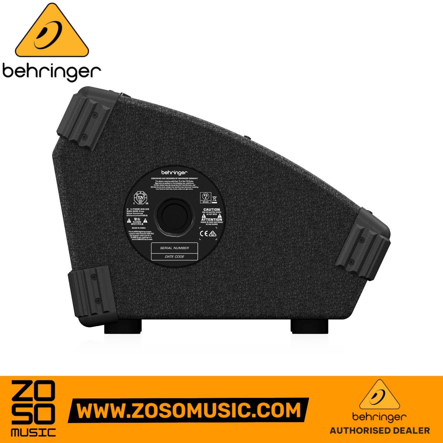 Zoso Music Behringer Eurolive F1220D powered monitor speaker side view showing the rear panel and mounting socket