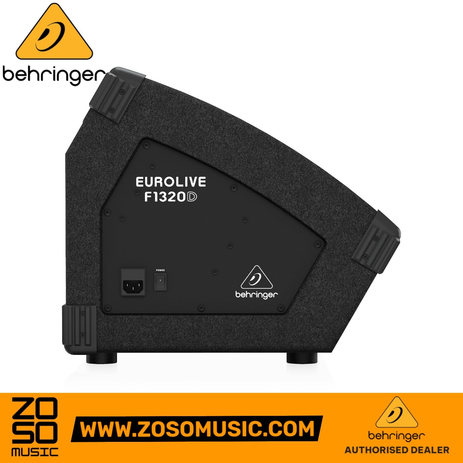 Zoso Music Behringer Eurolive F1320D powered stage monitor side view showing power input and switch