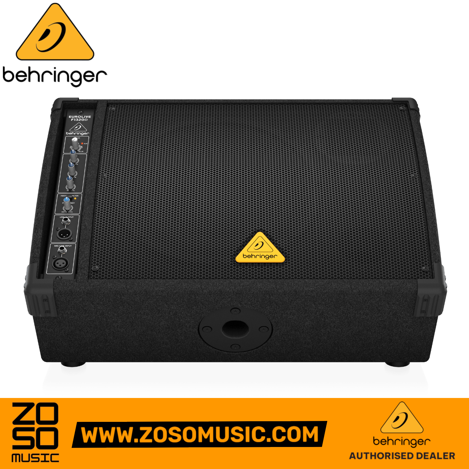 Zoso Music Behringer Eurolive F1320D 300-watt powered stage monitor with black metal grille and side control panel