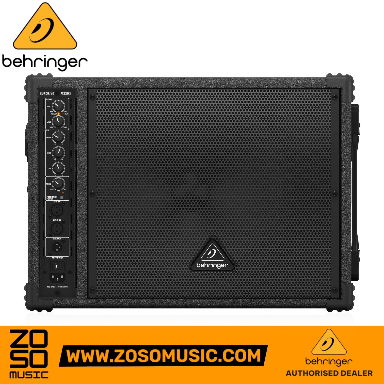 Zoso Music Behringer Eurolive F1220D 250-watt powered floor monitor speaker with 12-inch woofer and EQ controls.