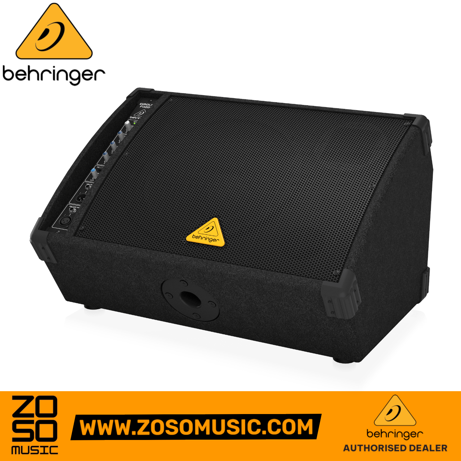 Zoso Music Behringer Eurolive F1320D 300-watt powered stage monitor with 12-inch speaker and adjustable EQ controls.