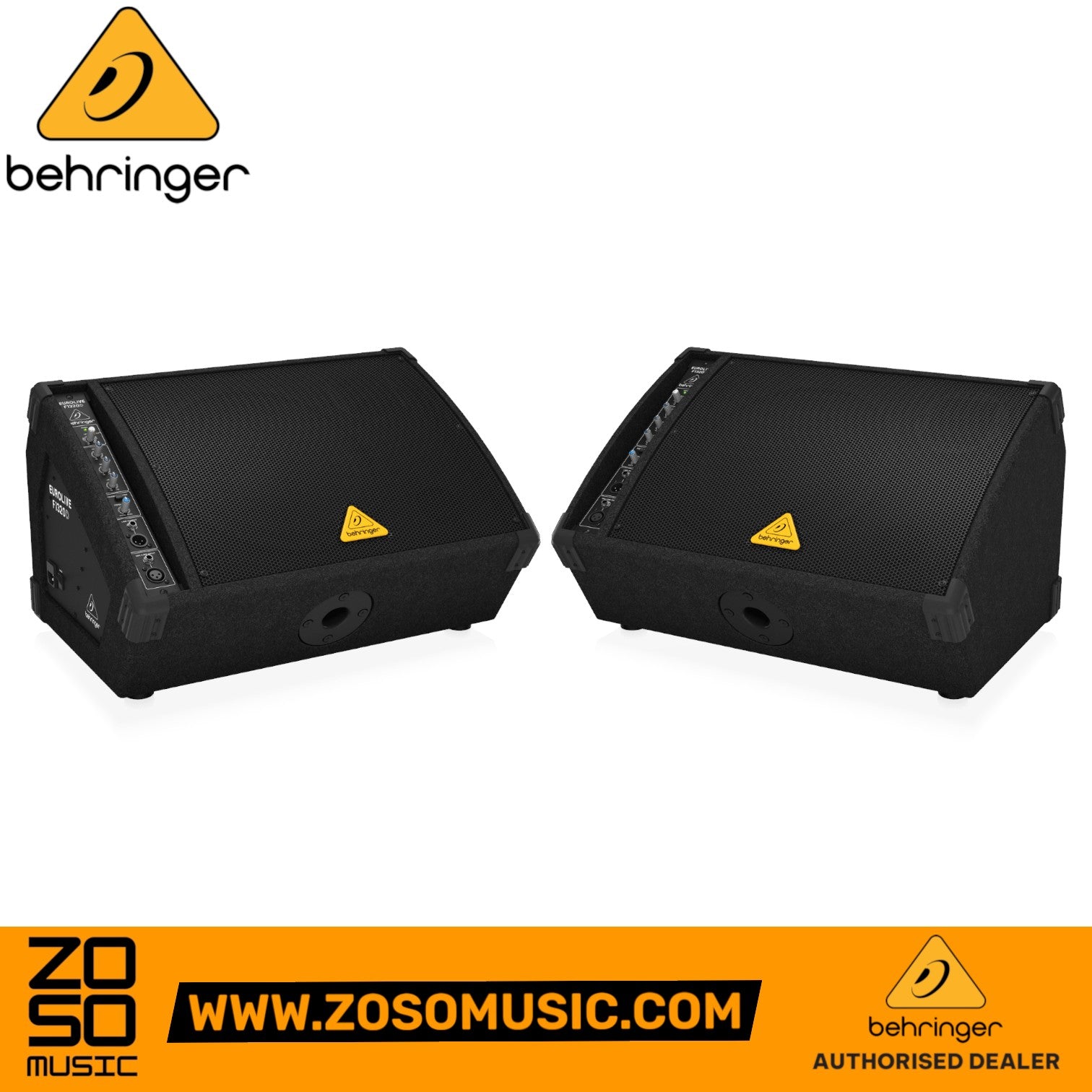 Zoso Music pair of Behringer Eurolive F1320D 300-watt 12-inch powered stage monitors with black mesh grilles.