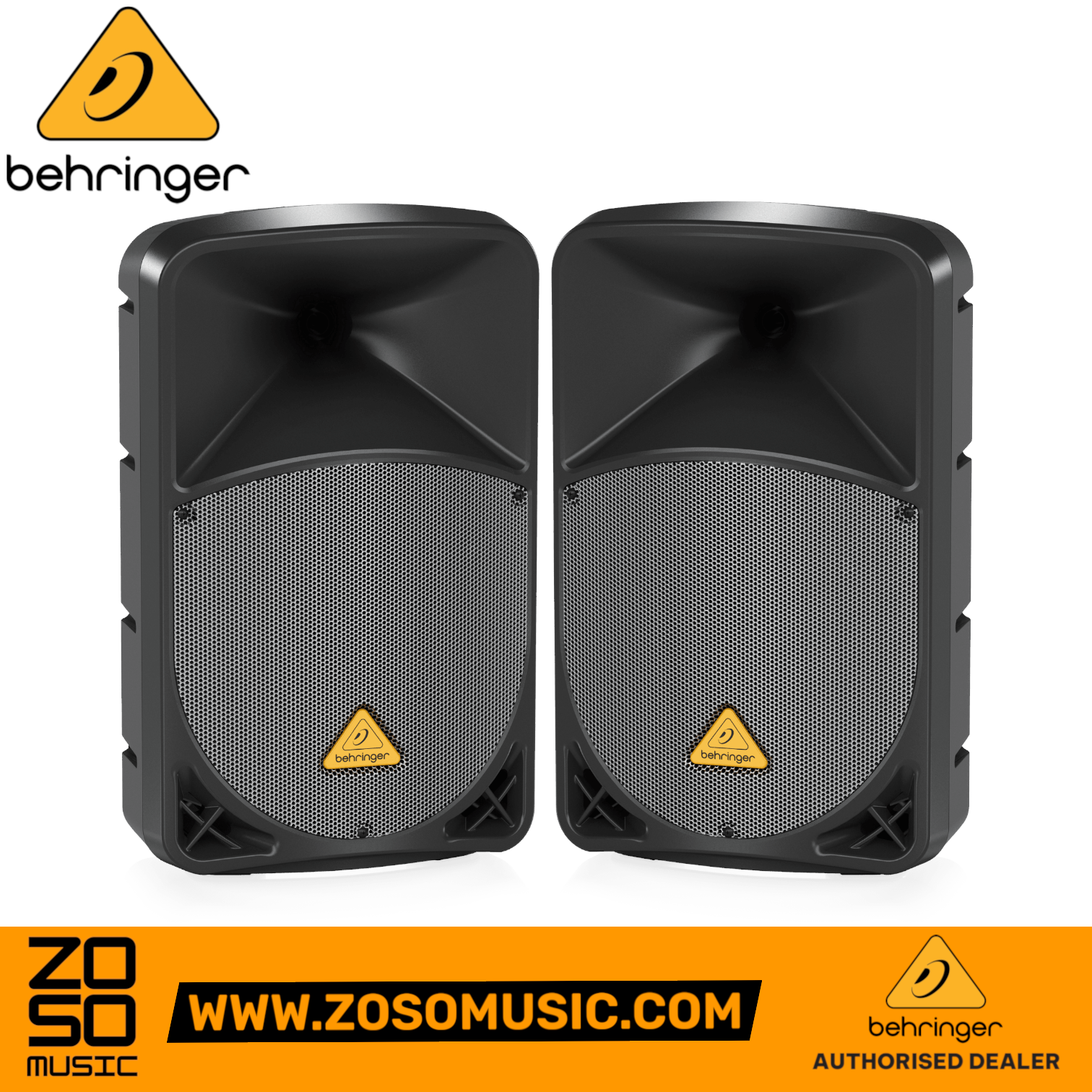 Zoso Music Behringer Eurolive B112D 1000-watt 12-inch powered PA speakers with black trapezoidal enclosures