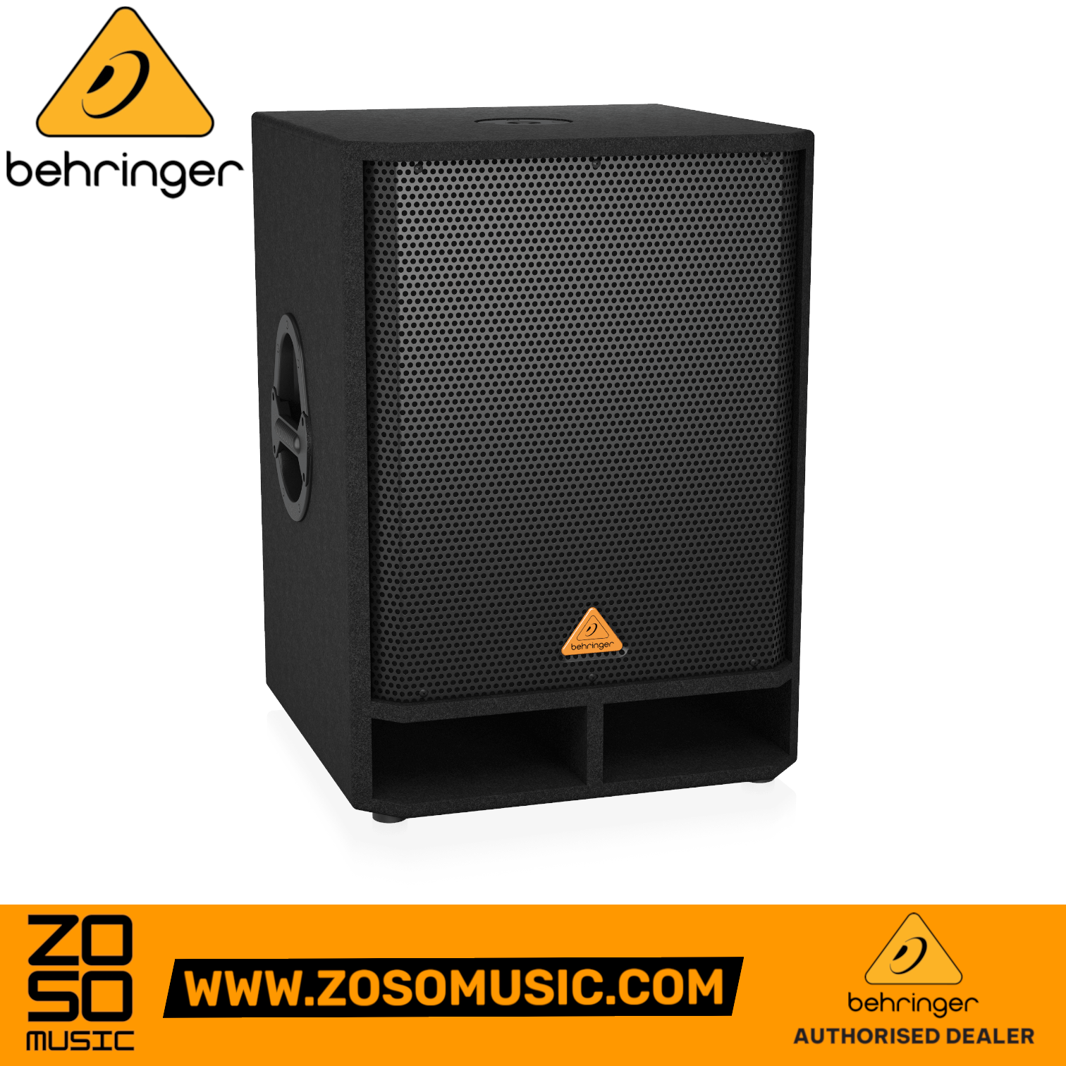 Zoso Music Behringer Eurolive VQ1800D 500-watt 18-inch powered subwoofer with a black rugged finish and metal grille.