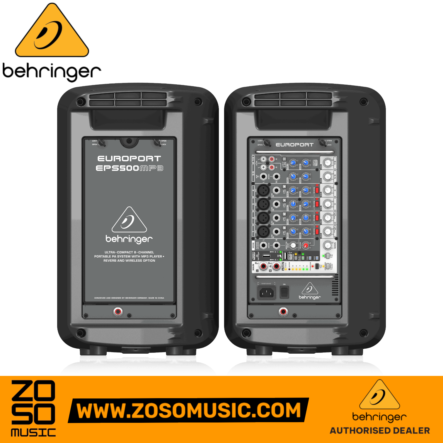 Zoso Music Behringer Europort EPS500MP3 portable PA system showing the detachable 8-channel mixer and speaker back